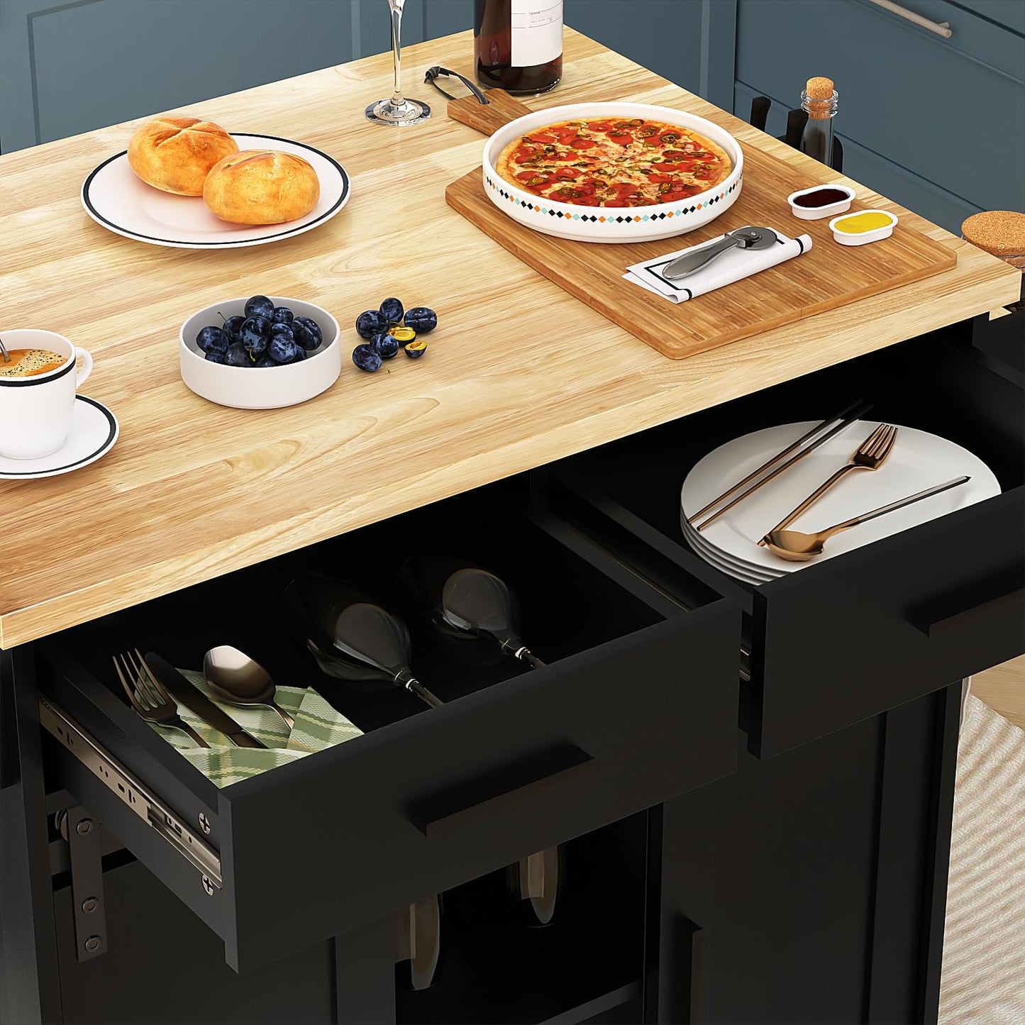 Mobile Kitchen Island Cart With Sliding Barn Door, VOWNER Rolling Mobile Kitchen With Storage Cabinet, Towel Rack, Spice Rack and Cup Holders, For Kitchen Room, Dining Room