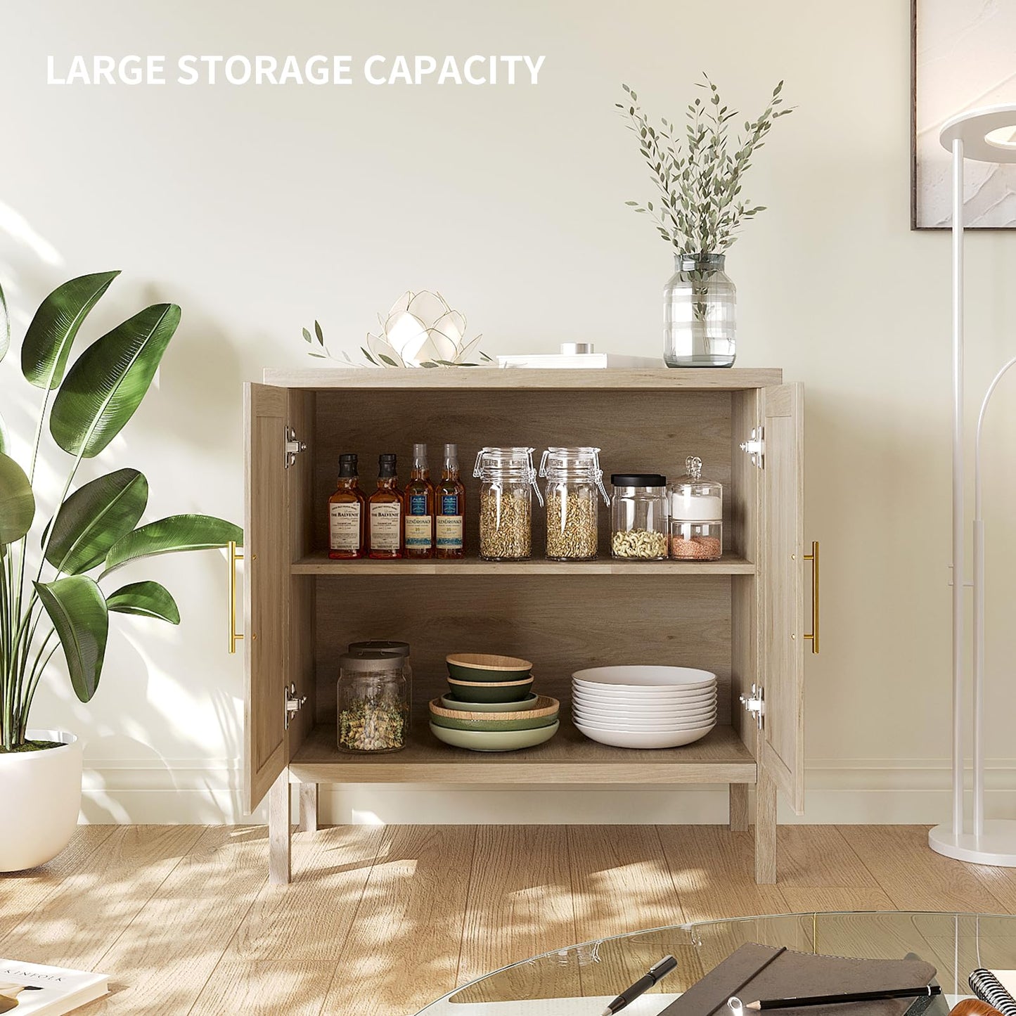 31.5" Accent Rattan Cabinet, VOWNER Storage Cabinet Sideboard WIth Rattan Doors, For Kitchen, Dining Room