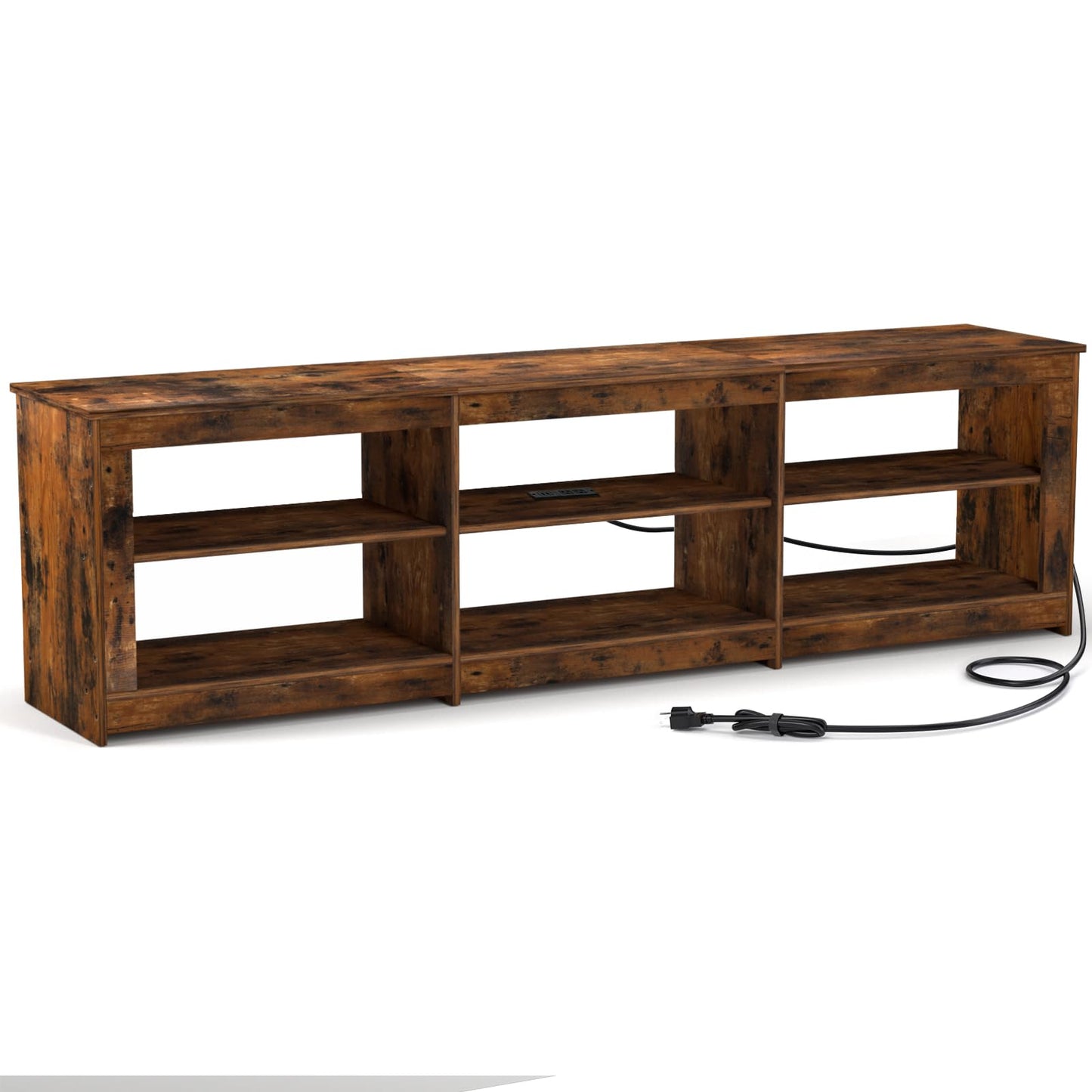 TV Stand With Outlet, VOWNER Rustic Brown TV Console Table For 75'' TV, 6 Open Shelves & Media Cabinet, For Living Room
