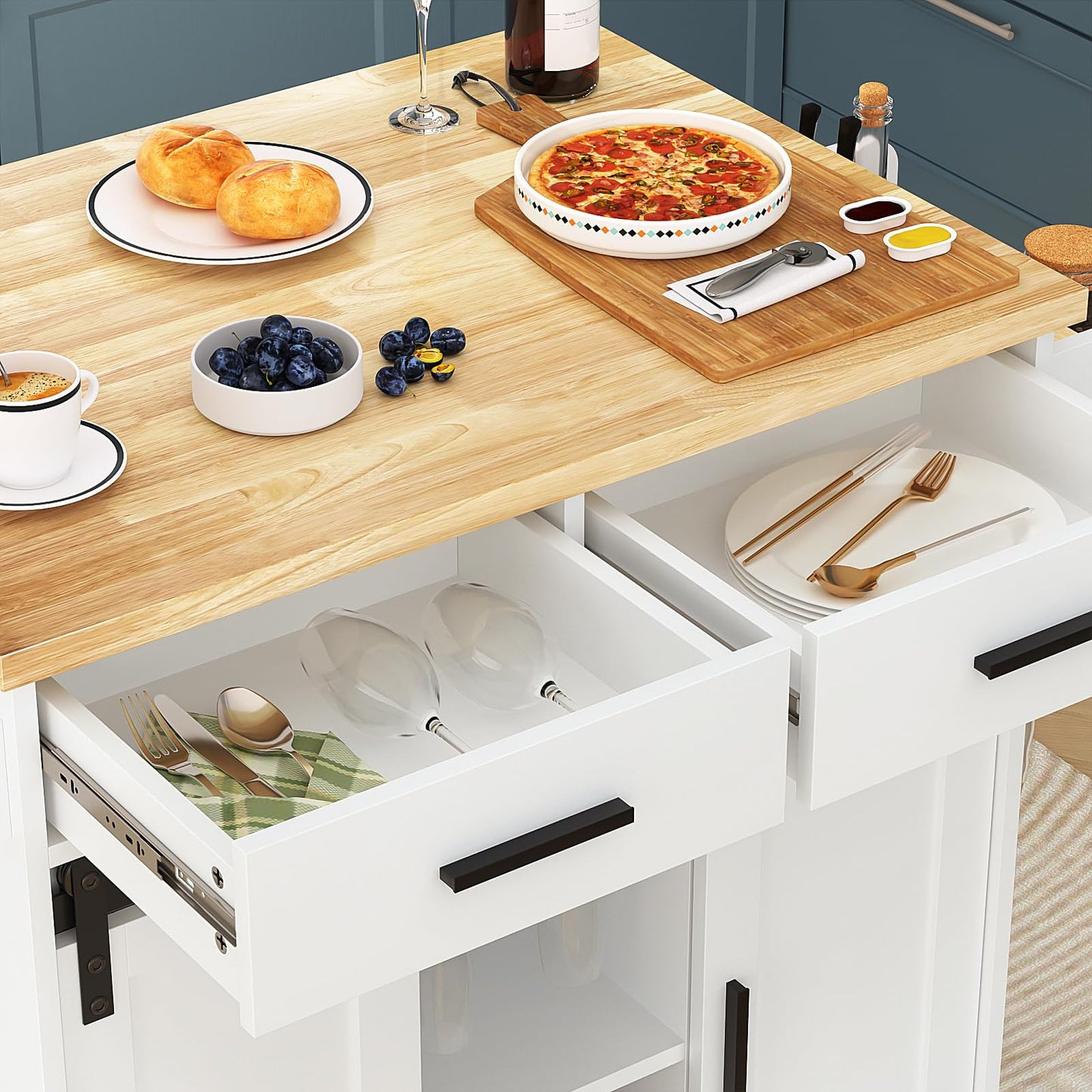 Mobile Kitchen Island Cart With Sliding Barn Door, VOWNER Rolling Mobile Kitchen With Storage Cabinet, Towel Rack, Spice Rack and Cup Holders, For Kitchen Room, Dining Room