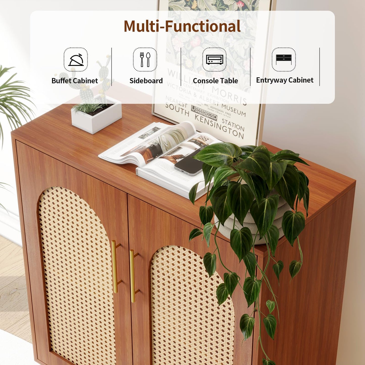 29.5" Rattan Buffet Cabinet, VOWNER Sideboard Storage With Rattan Doors, For Kitchen Dining Room,Living Room