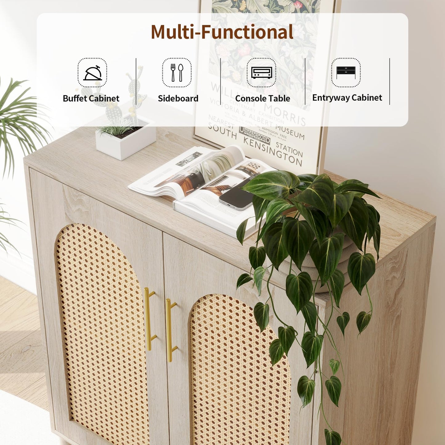 29.5" Rattan Buffet Cabinet, VOWNER Sideboard Storage With Rattan Doors, For Kitchen Dining Room,Living Room