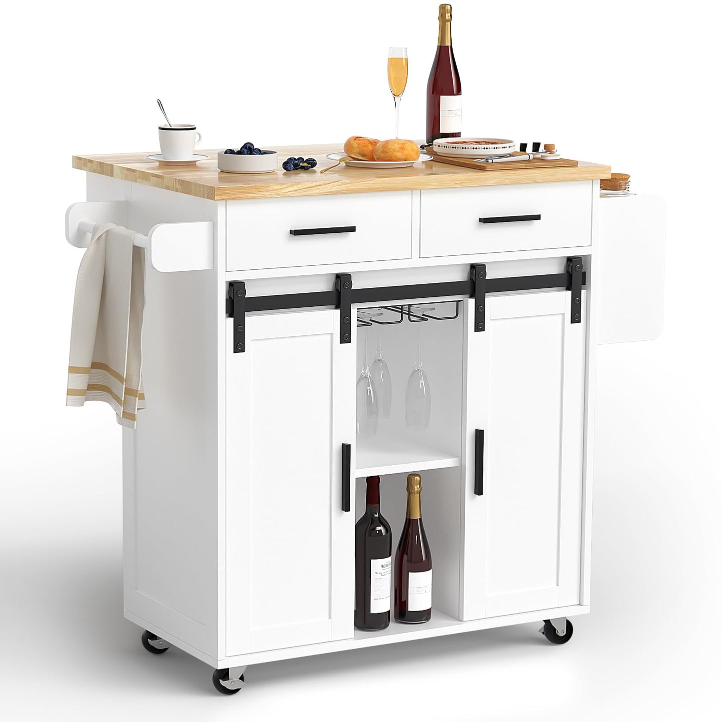 Mobile Kitchen Island Cart With Sliding Barn Door, VOWNER Rolling Mobile Kitchen With Storage Cabinet, Towel Rack, Spice Rack and Cup Holders, For Kitchen Room, Dining Room