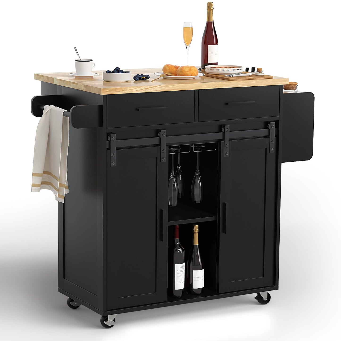 Mobile Kitchen Island Cart With Sliding Barn Door, VOWNER Rolling Mobile Kitchen With Storage Cabinet, Towel Rack, Spice Rack and Cup Holders, For Kitchen Room, Dining Room