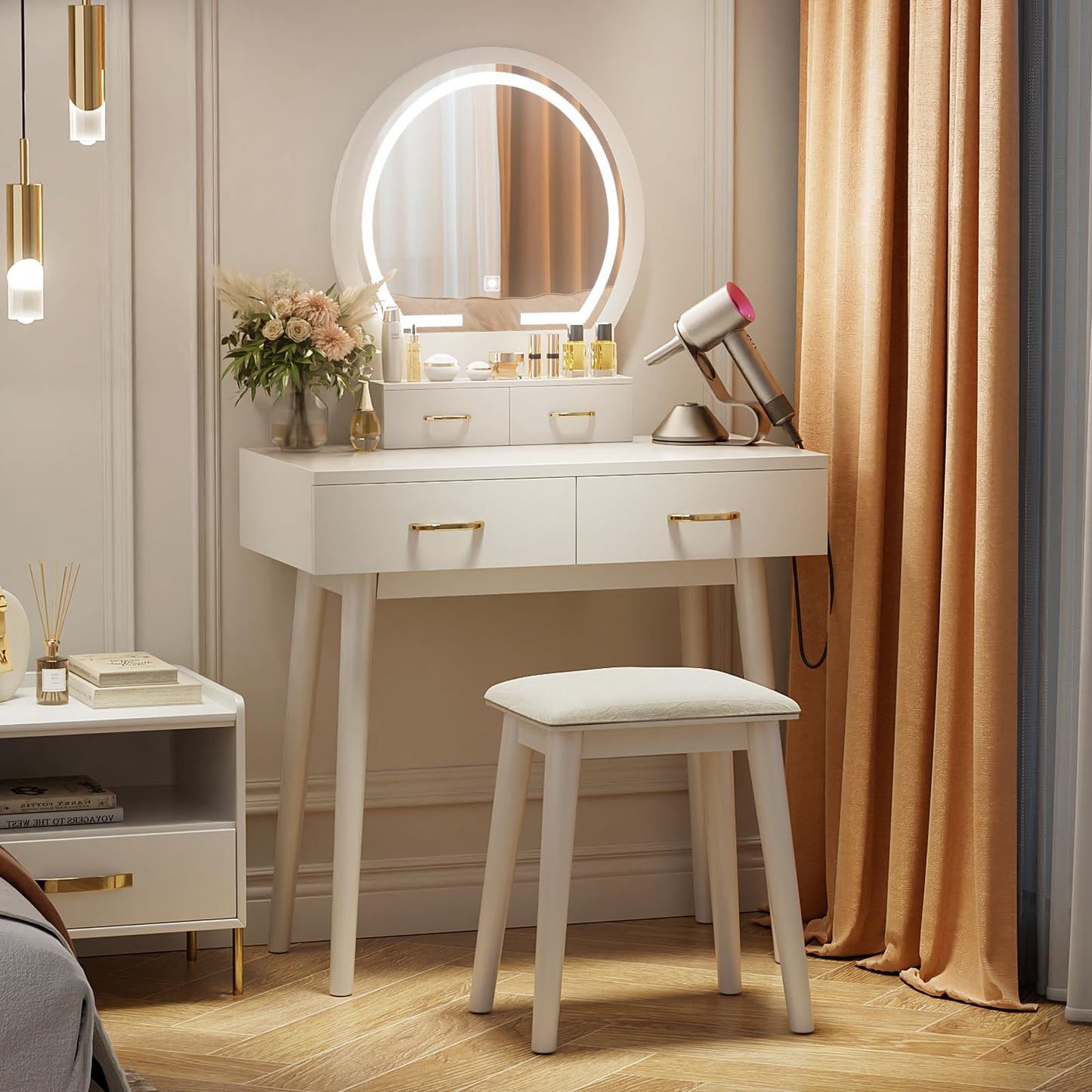 Vanity Desk with Outlet, VOWNER Makeup Vanity Table With LED Lighted Mirror, 3 Color & Brightness Adjustable, Soft Cushioned Stool, For Bedroom