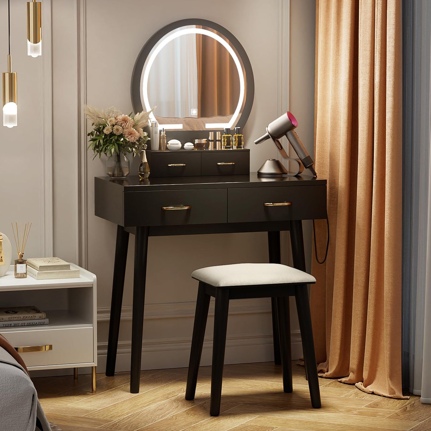 Vanity Desk with Outlet, VOWNER Makeup Vanity Table With LED Lighted Mirror, 3 Color & Brightness Adjustable, Soft Cushioned Stool, For Bedroom