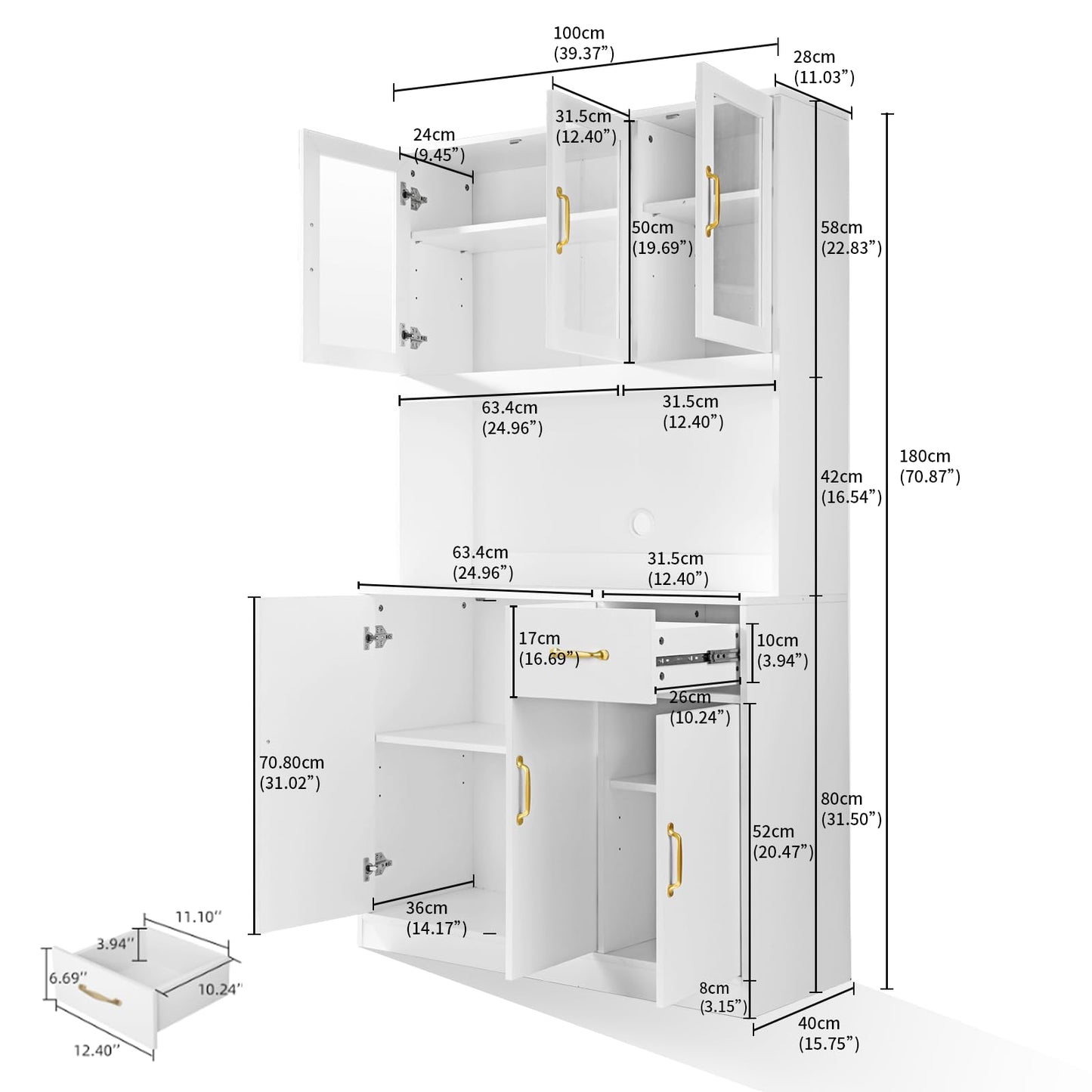 71''Kitchen Pantry Storage, VOWNER Free Kitchen Cabinet With Drawers, Cupboard And 6 Doors, For Kitchen, Living Room And Dining Room