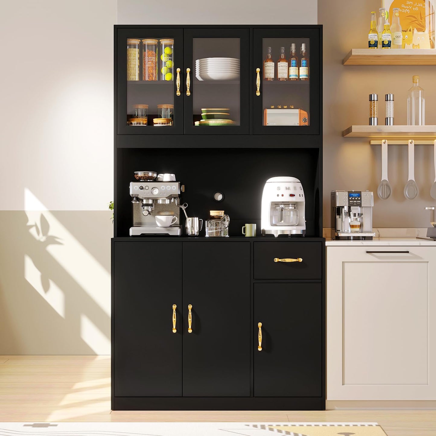 71''Kitchen Pantry Storage, VOWNER Free Kitchen Cabinet With Drawers, Cupboard And 6 Doors, For Kitchen, Living Room And Dining Room