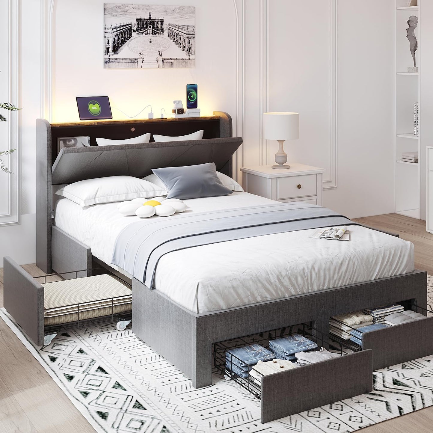 VOWNER Upholstered Bed Frame, Storage Headboard With Outlet & Nightlight, 4 Large Drawers On Wheels