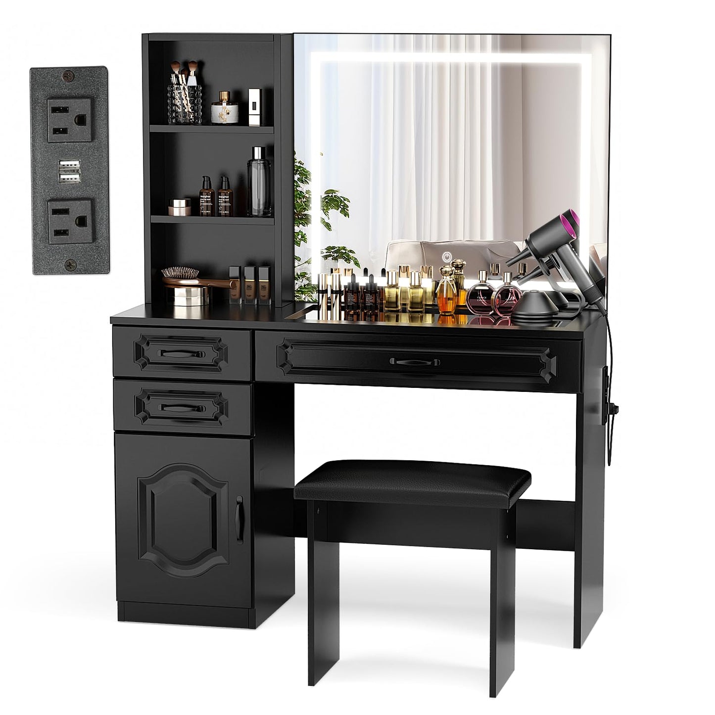 VOWNER Makeup Vanity Desk Set With Outlet, Large LED Lighted Mirror Glass Table Top With 3 Drawer, 1 Cabinet And Shelves, Lighting Brightness & Color Adjustable, Gift For Girls Women