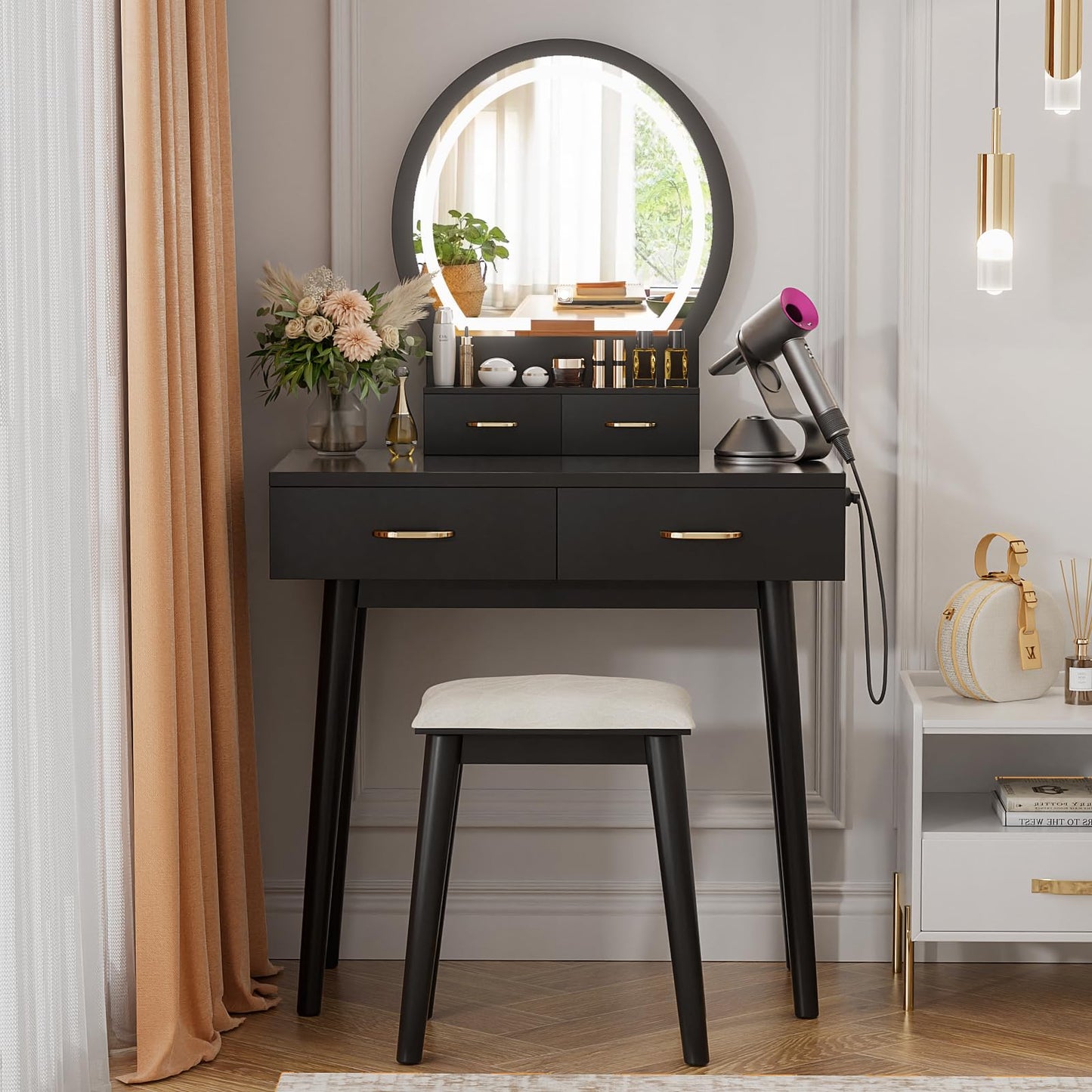 Vanity Desk with Outlet, VOWNER Makeup Vanity Table With LED Lighted Mirror, 3 Color & Brightness Adjustable, Soft Cushioned Stool, For Bedroom