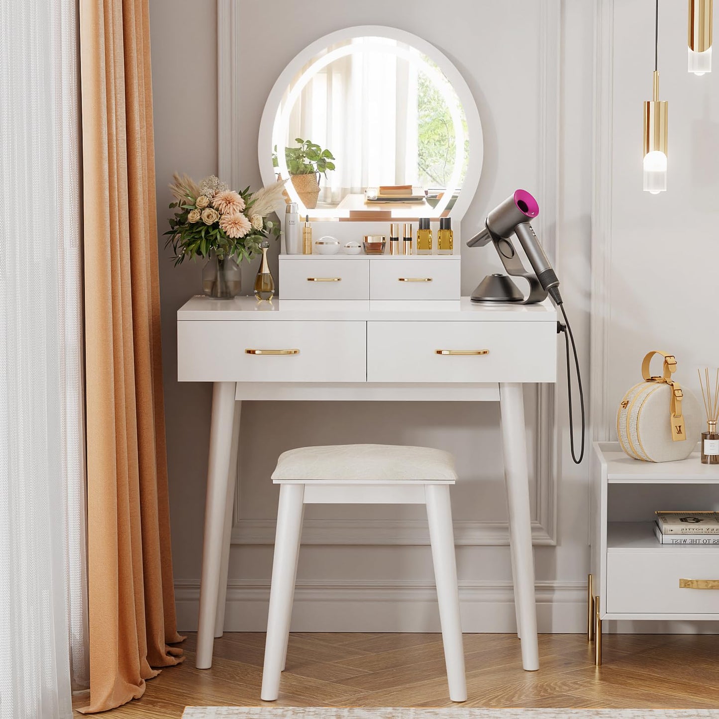 Vanity Desk with Outlet, VOWNER Makeup Vanity Table With LED Lighted Mirror, 3 Color & Brightness Adjustable, Soft Cushioned Stool, For Bedroom