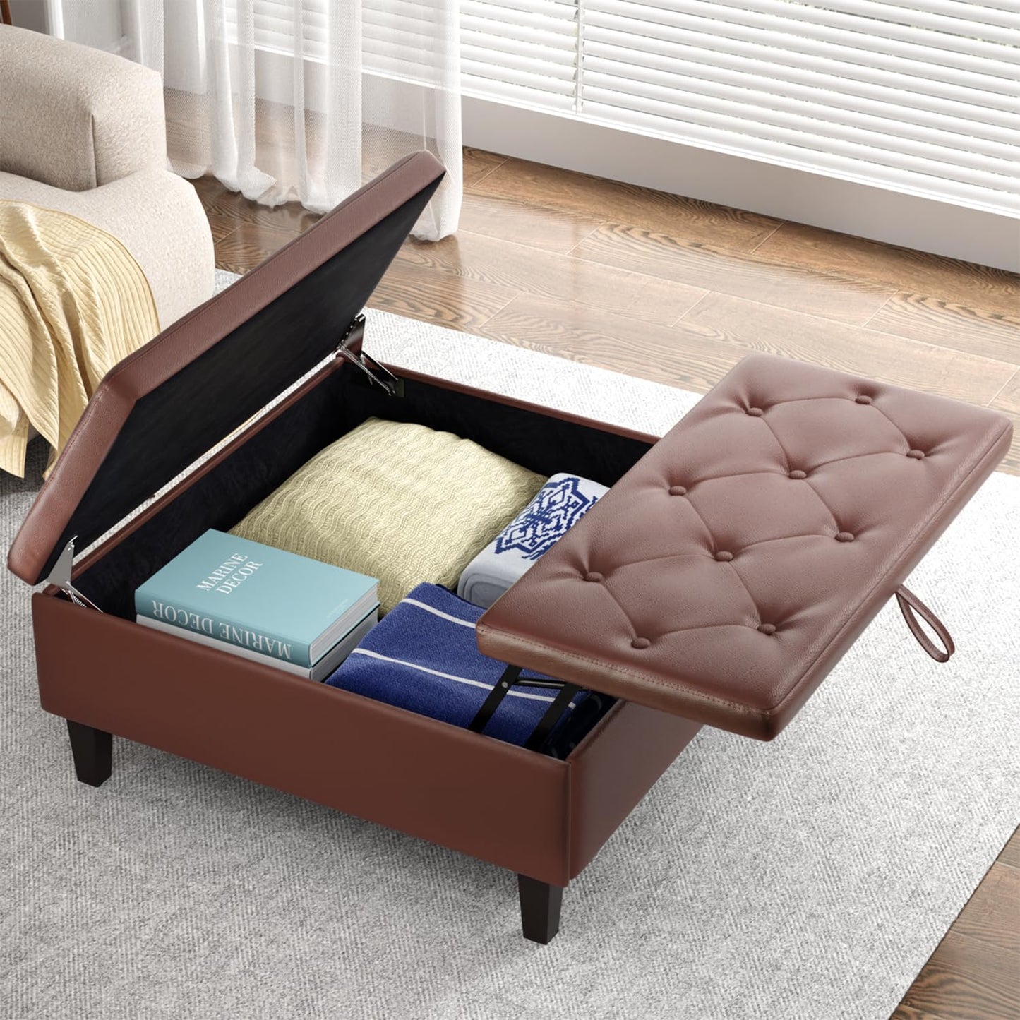 VOWNER 31.5" Ottoman Lift Up Stool Storage For Living Room Bedroom, Faux Leather, Saving Space