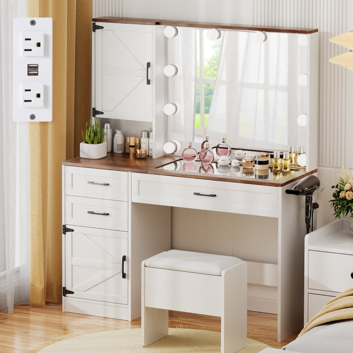 VOWNER Makeup Vanity Table Set With Outlet, Farmhouse Vanity Desk With Glass Table Top And Large Lighted Mirror, 3 Color Light & Adjustable Brightness, Come With Stool, For Bedroom