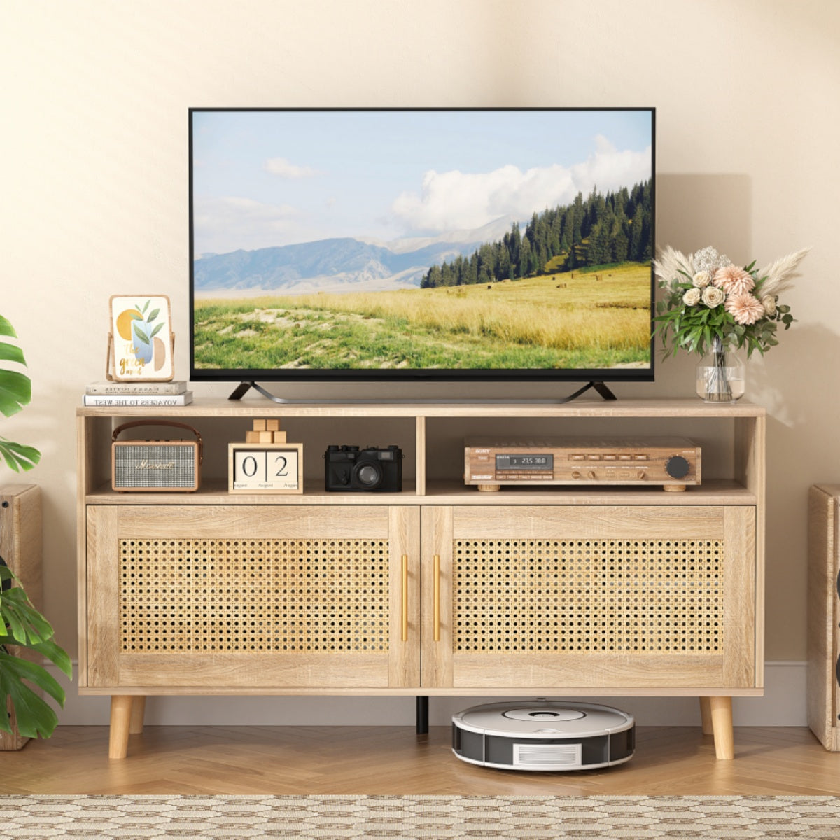 VOWNER TV Stand For 55" TV With Rattan Door, Television Stand With 2 Open Shelves & Adjustable Dividers, TV & Media Console Table, Entertainment Center For Living Room