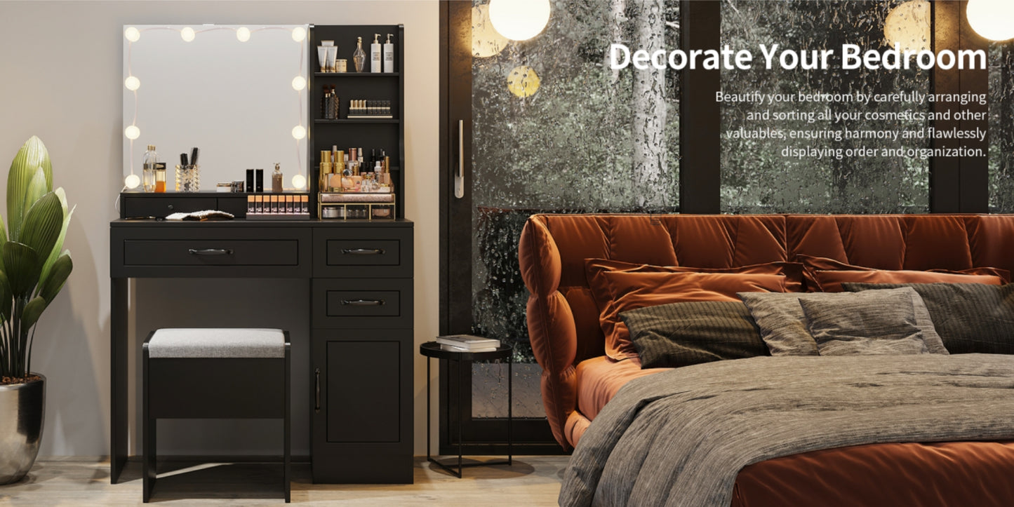 VOWNER Makeup Vanity Desk With Storage Stool & Power Outlet, Vanity set With Lighted Mirror & 3 Color Lights, For Girls Women