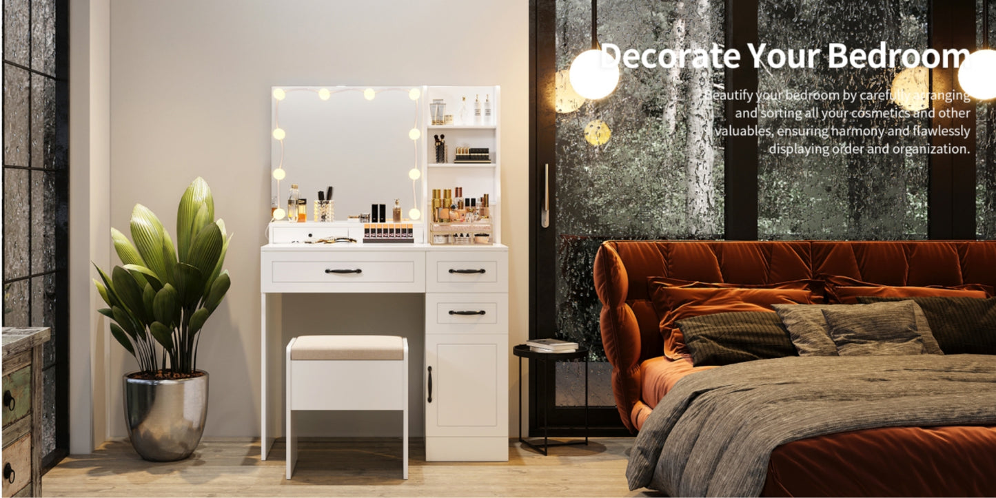 VOWNER Makeup Vanity Desk With Storage Stool & Power Outlet, Vanity set With Lighted Mirror & 3 Color Lights, For Girls Women