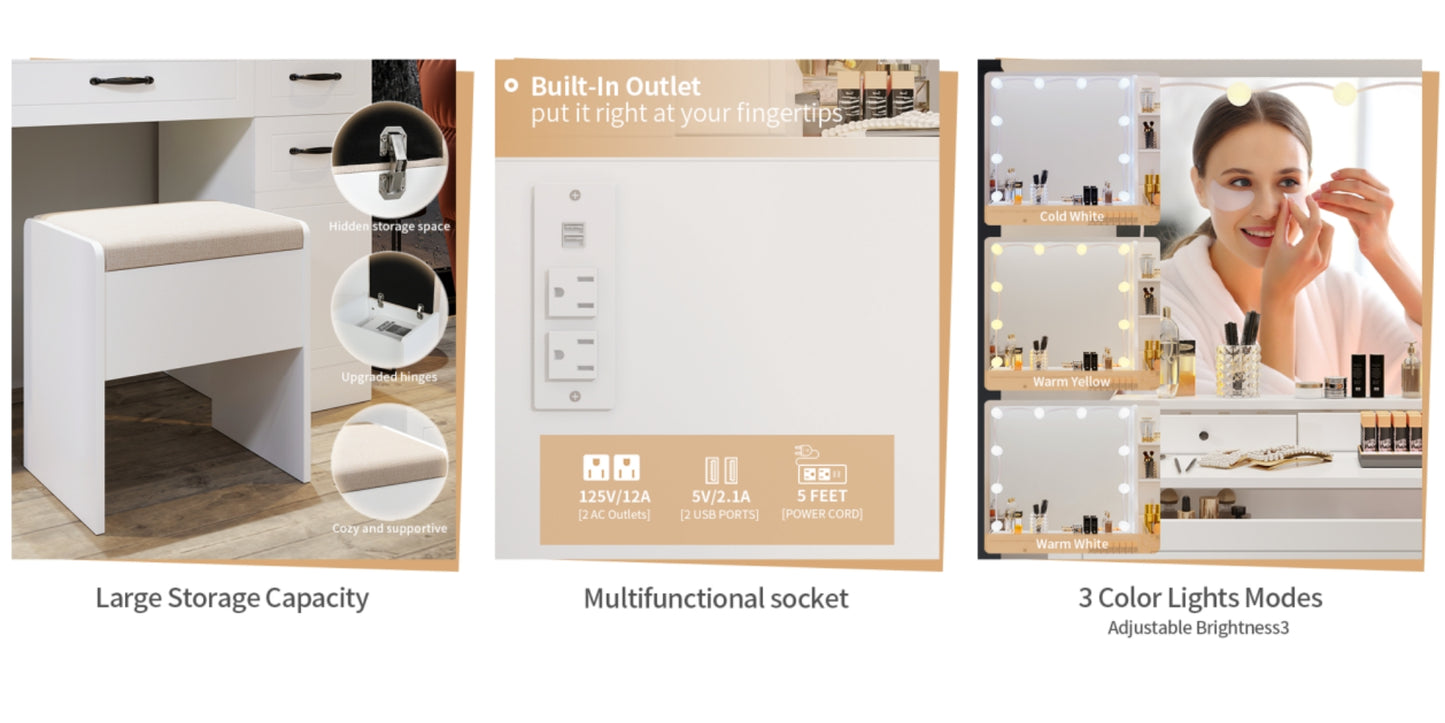 VOWNER Makeup Vanity Desk With Storage Stool & Power Outlet, Vanity set With Lighted Mirror & 3 Color Lights, For Girls Women