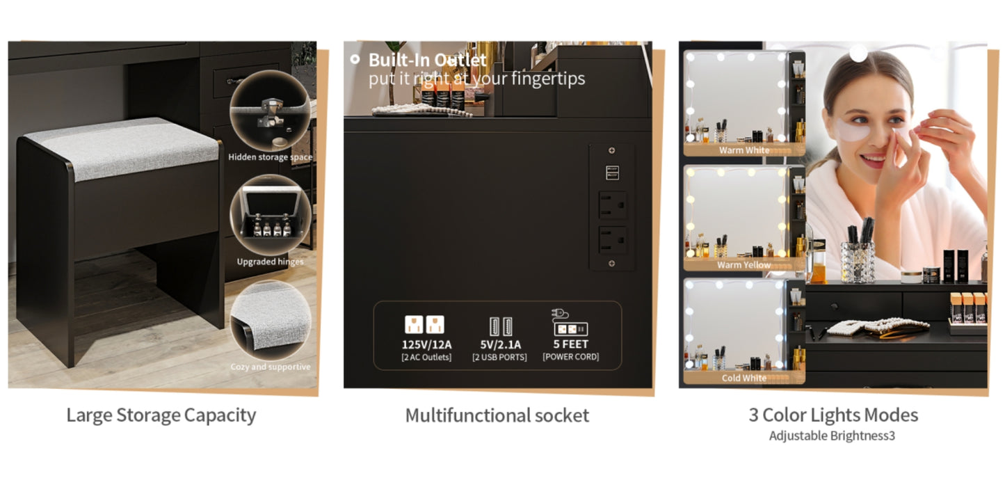 VOWNER Makeup Vanity Desk With Storage Stool & Power Outlet, Vanity set With Lighted Mirror & 3 Color Lights, For Girls Women