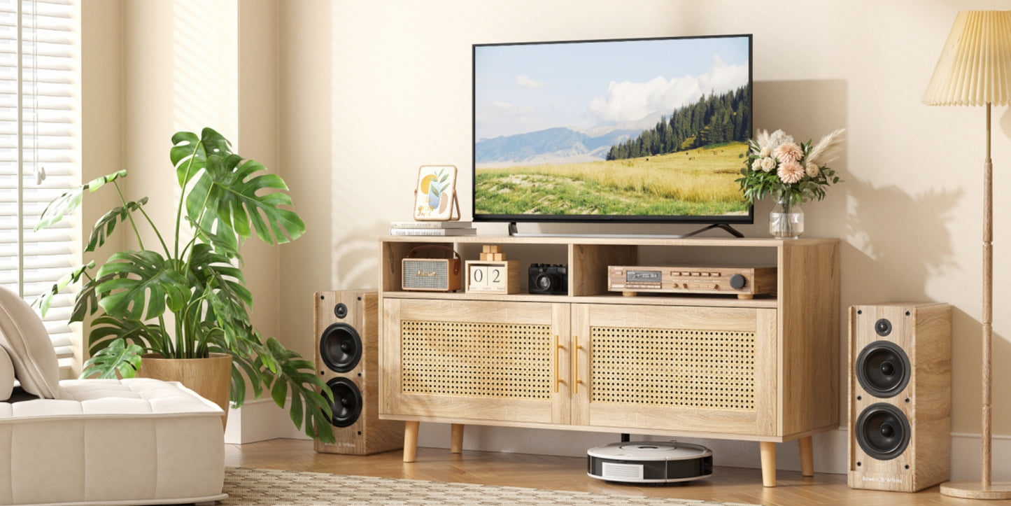 VOWNER TV Stand For 55" TV With Rattan Door, Television Stand With 2 Open Shelves & Adjustable Dividers, TV & Media Console Table, Entertainment Center For Living Room