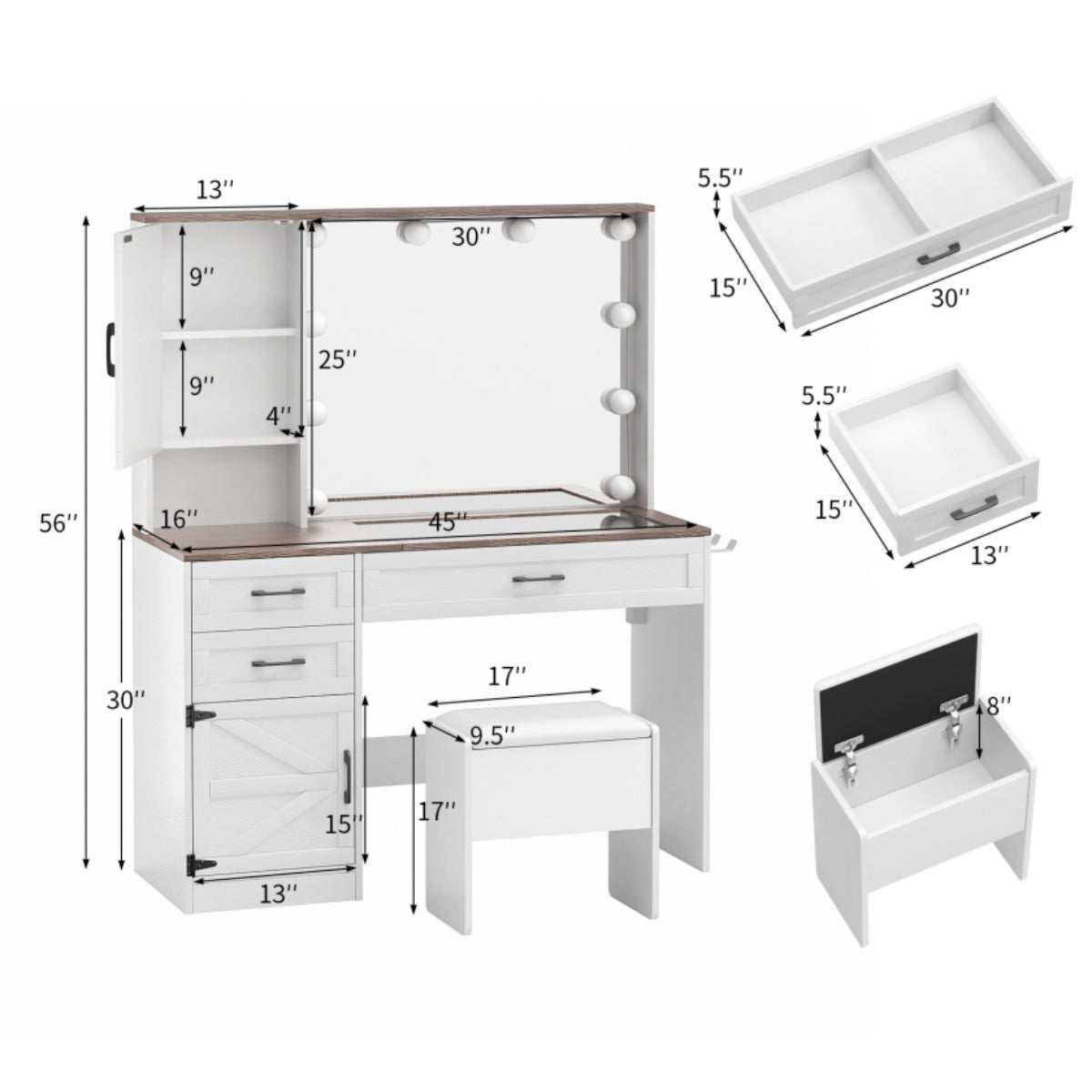 VOWNER Makeup Vanity Table Set With Outlet, Farmhouse Vanity Desk With Glass Table Top And Large Lighted Mirror, 3 Color Light & Adjustable Brightness, Come With Stool, For Bedroom