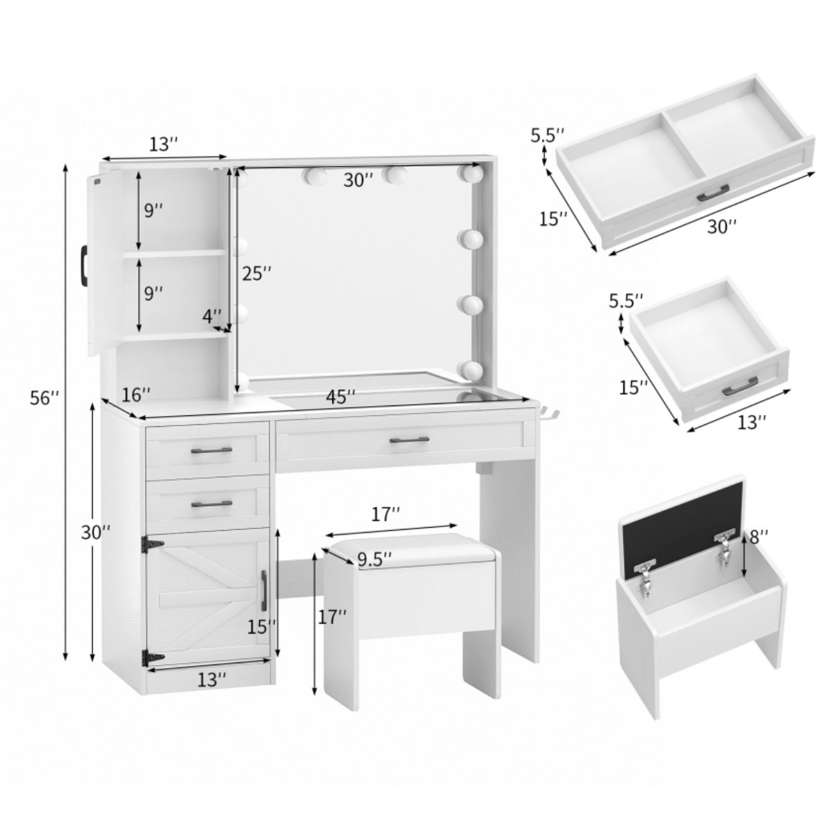 VOWNER Makeup Vanity Table Set With Outlet, Farmhouse Vanity Desk With Glass Table Top And Large Lighted Mirror, 3 Color Light & Adjustable Brightness, Come With Stool, For Bedroom