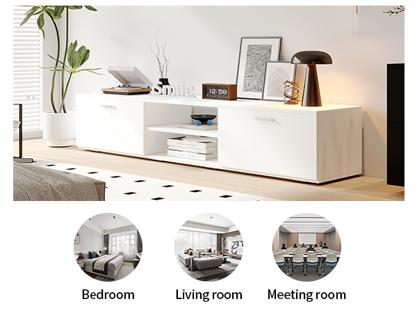 VOWNER Modern TV Stand with Storage Cabinets, for 50/55/65 Inch TVs, Media Cabinet for Living Room Bedroom, Entertainment Center, TV Cabinet & Coffee Table for Home Decor (White)