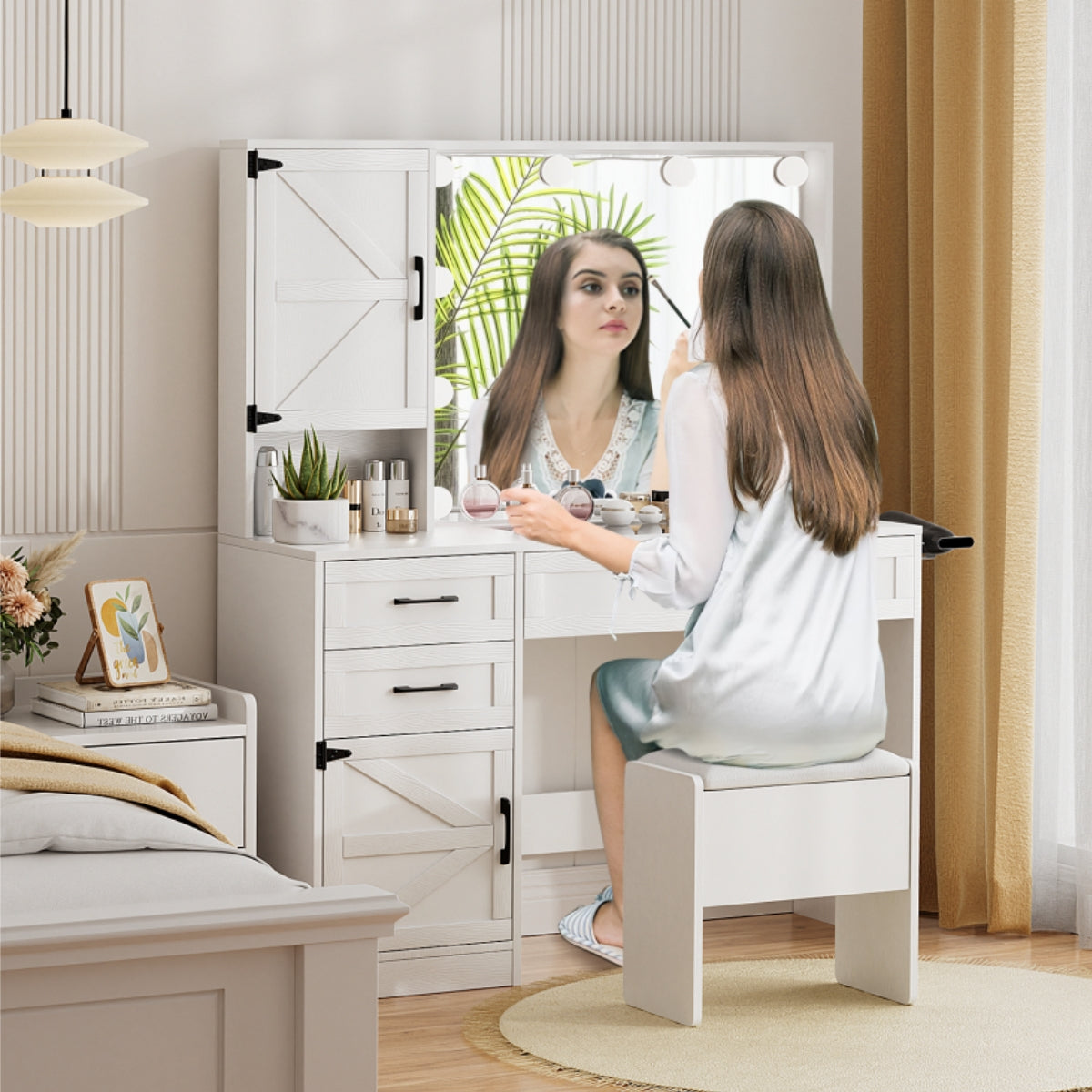 VOWNER Makeup Vanity Table Set With Outlet, Farmhouse Vanity Desk With Glass Table Top And Large Lighted Mirror, 3 Color Light & Adjustable Brightness, Come With Stool, For Bedroom