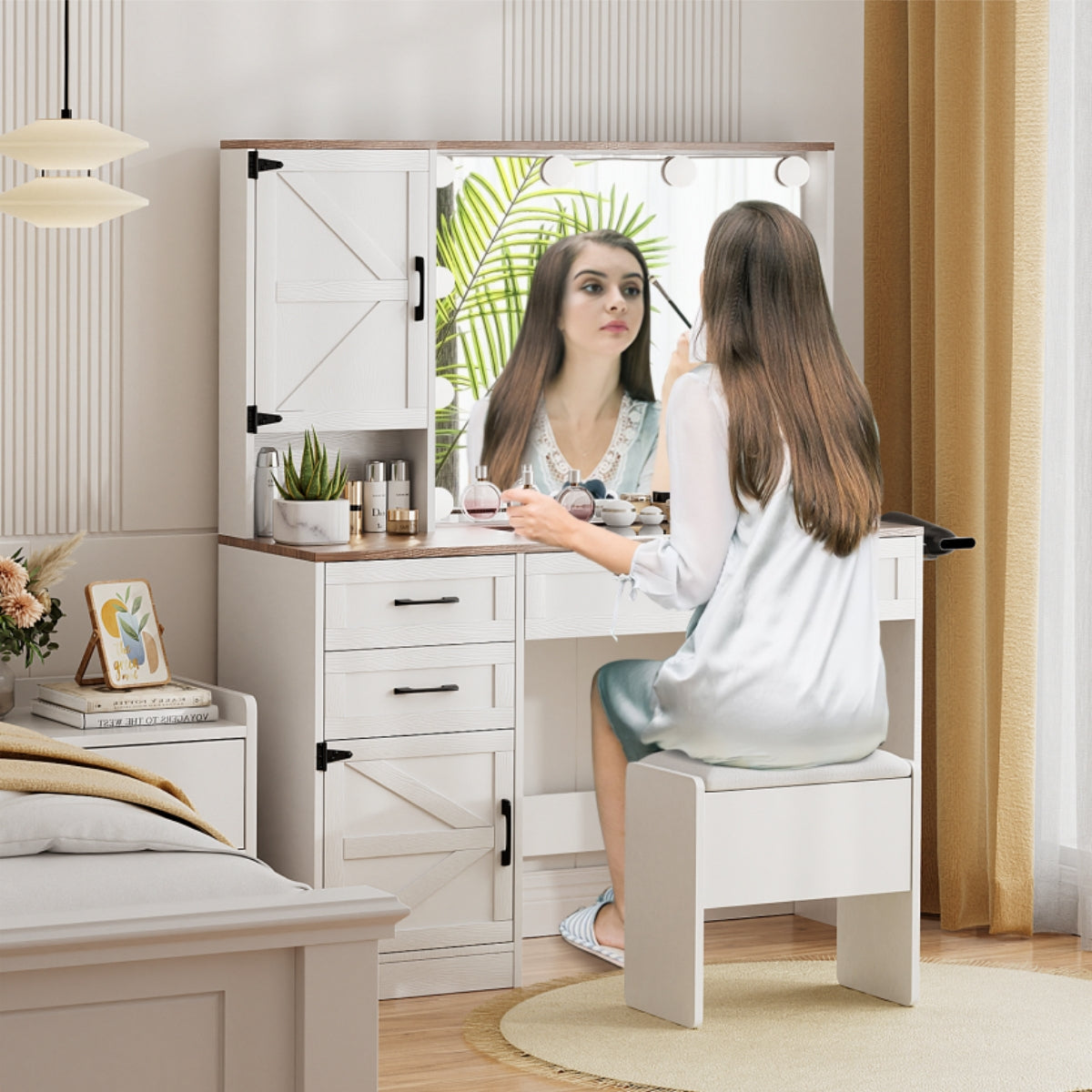 VOWNER Makeup Vanity Table Set With Outlet, Farmhouse Vanity Desk With Glass Table Top And Large Lighted Mirror, 3 Color Light & Adjustable Brightness, Come With Stool, For Bedroom
