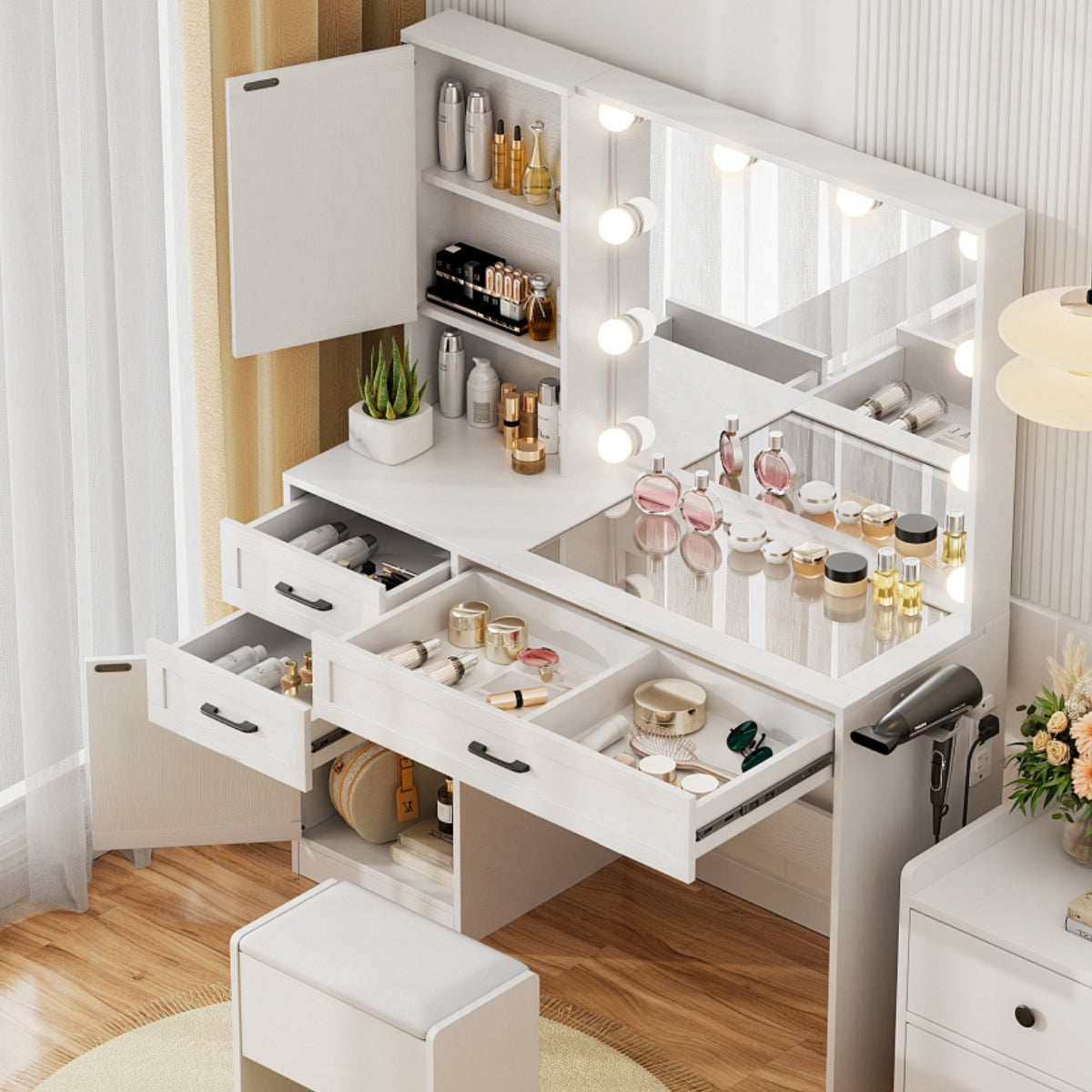 VOWNER Makeup Vanity Table Set With Outlet, Farmhouse Vanity Desk With Glass Table Top And Large Lighted Mirror, 3 Color Light & Adjustable Brightness, Come With Stool, For Bedroom