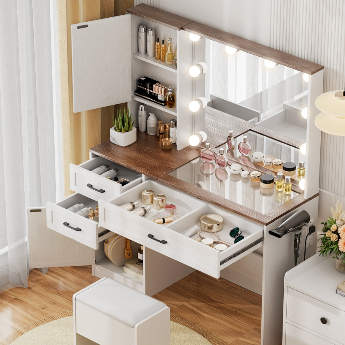 VOWNER Makeup Vanity Table Set With Outlet, Farmhouse Vanity Desk With Glass Table Top And Large Lighted Mirror, 3 Color Light & Adjustable Brightness, Come With Stool, For Bedroom