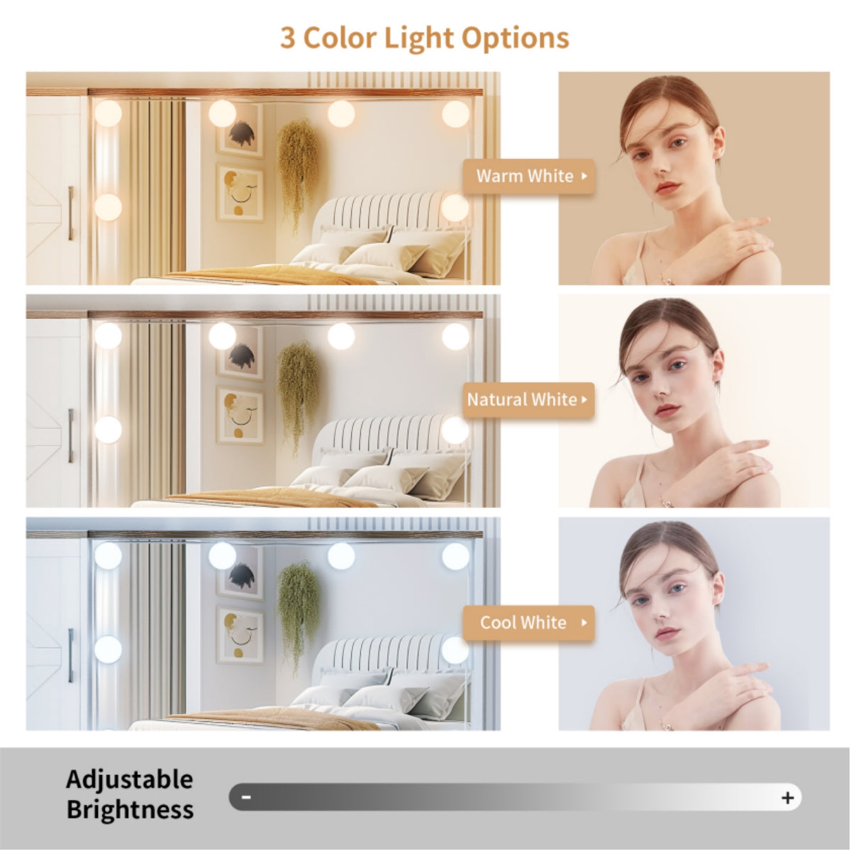 VOWNER Makeup Vanity Table Set With Outlet, Farmhouse Vanity Desk With Glass Table Top And Large Lighted Mirror, 3 Color Light & Adjustable Brightness, Come With Stool, For Bedroom