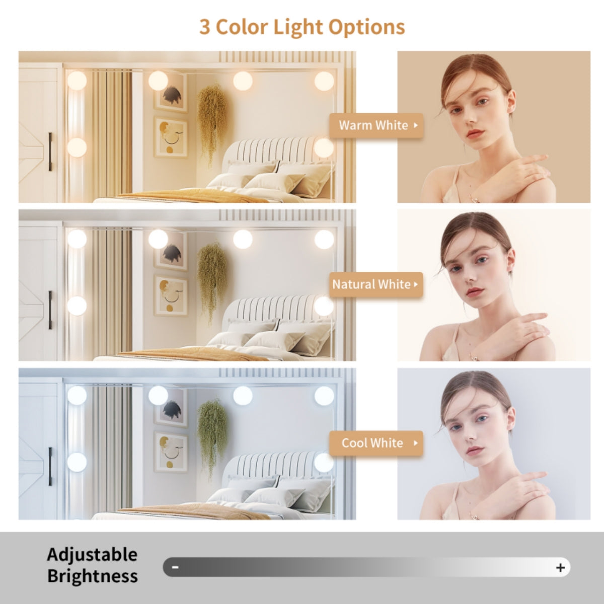 VOWNER Makeup Vanity Table Set With Outlet, Farmhouse Vanity Desk With Glass Table Top And Large Lighted Mirror, 3 Color Light & Adjustable Brightness, Come With Stool, For Bedroom