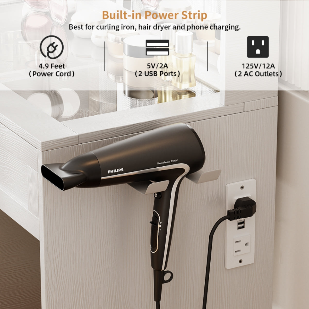 VOWNER Makeup Vanity Table Set With Outlet, Farmhouse Vanity Desk With Glass Table Top And Large Lighted Mirror, 3 Color Light & Adjustable Brightness, Come With Stool, For Bedroom