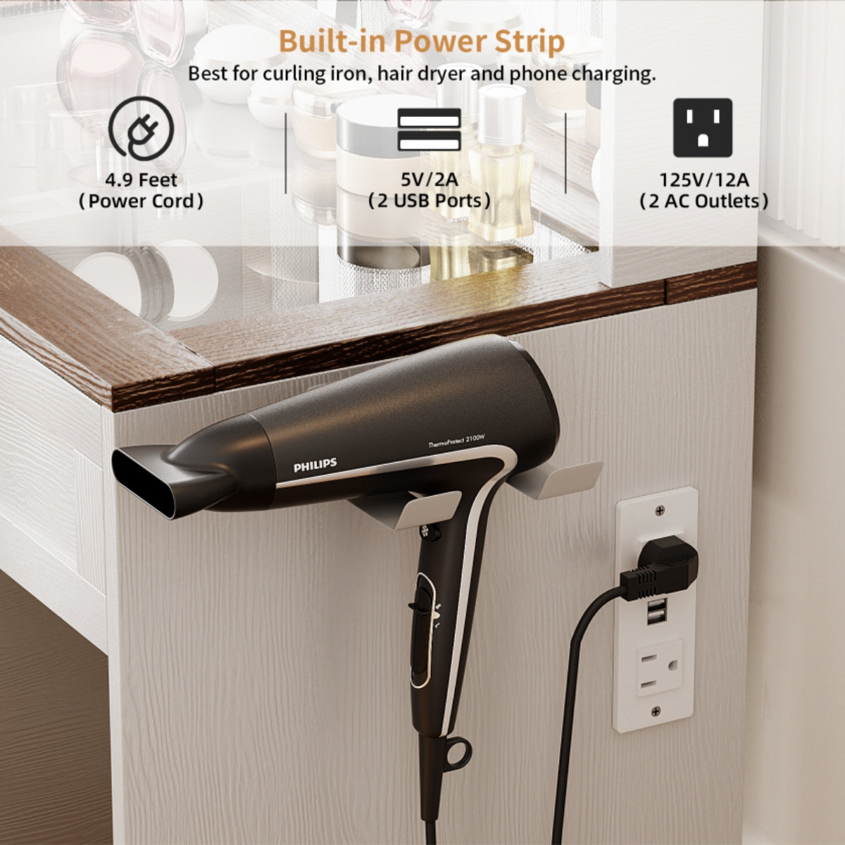 VOWNER Makeup Vanity Table Set With Outlet, Farmhouse Vanity Desk With Glass Table Top And Large Lighted Mirror, 3 Color Light & Adjustable Brightness, Come With Stool, For Bedroom