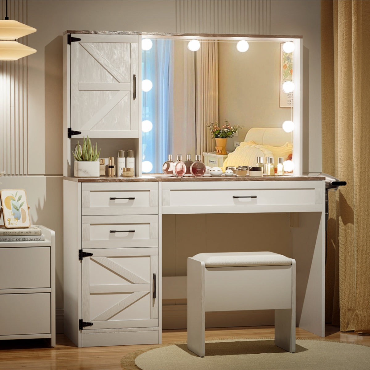 VOWNER Makeup Vanity Table Set With Outlet, Farmhouse Vanity Desk With Glass Table Top And Large Lighted Mirror, 3 Color Light & Adjustable Brightness, Come With Stool, For Bedroom