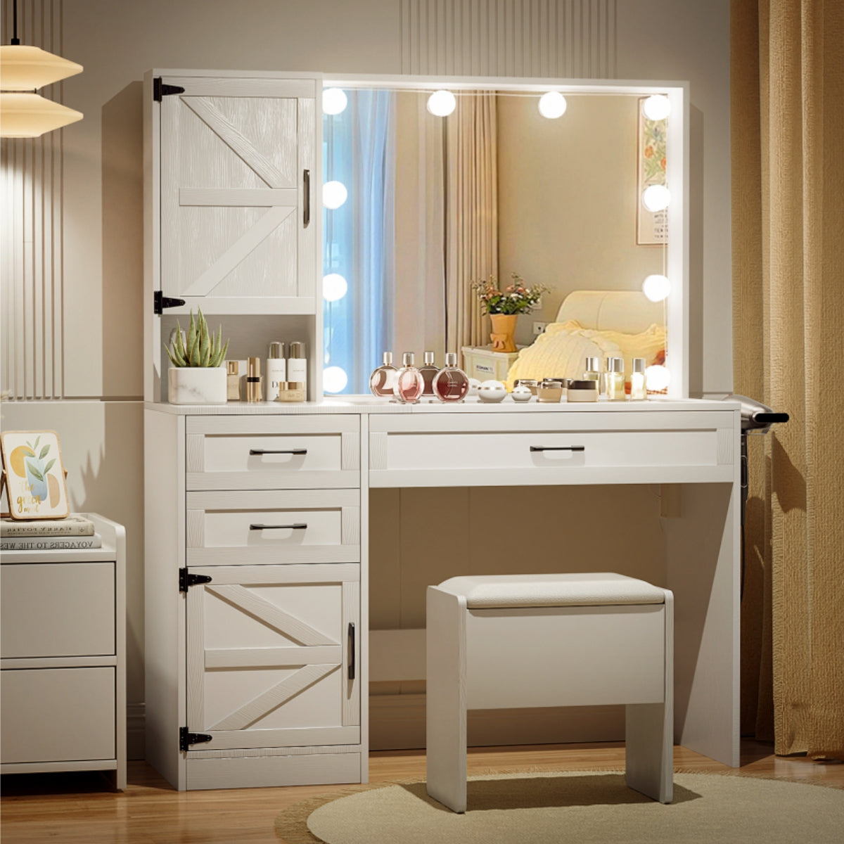 VOWNER Makeup Vanity Table Set With Outlet, Farmhouse Vanity Desk With Glass Table Top And Large Lighted Mirror, 3 Color Light & Adjustable Brightness, Come With Stool, For Bedroom