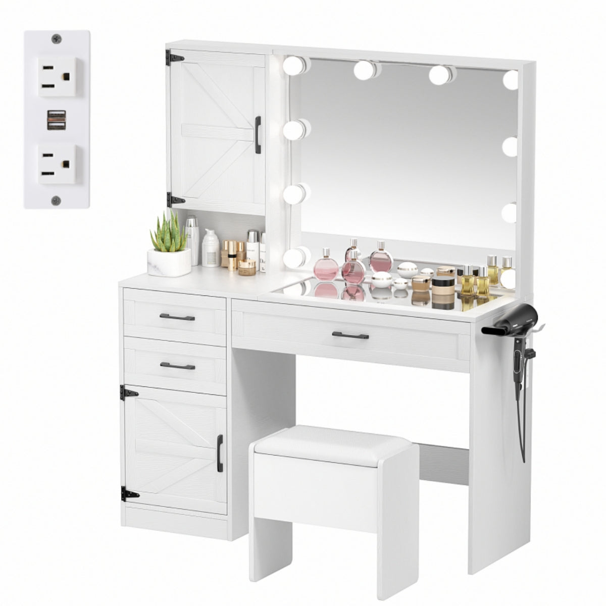 VOWNER Makeup Vanity Table Set With Outlet, Farmhouse Vanity Desk With Glass Table Top And Large Lighted Mirror, 3 Color Light & Adjustable Brightness, Come With Stool, For Bedroom