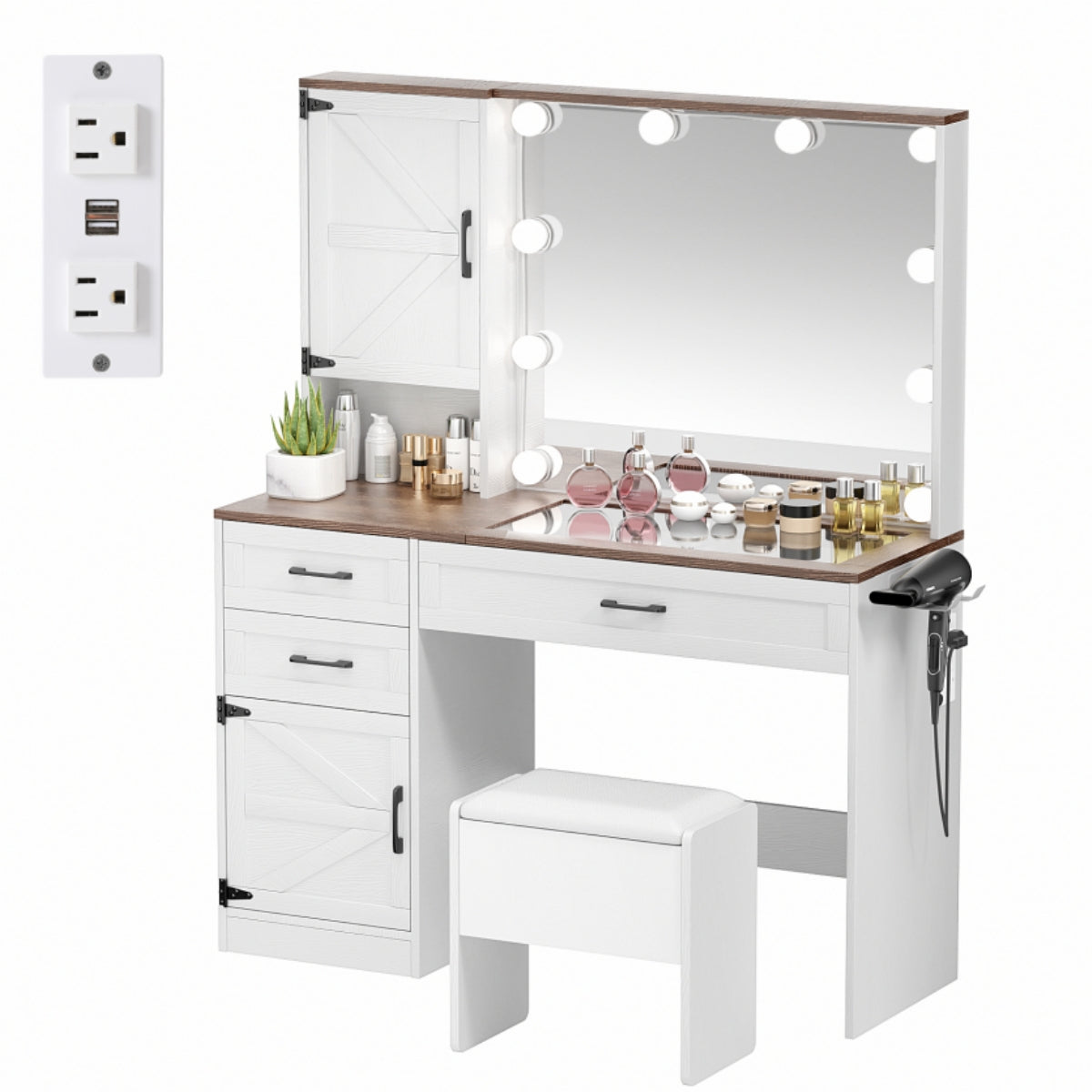 VOWNER Makeup Vanity Table Set With Outlet, Farmhouse Vanity Desk With Glass Table Top And Large Lighted Mirror, 3 Color Light & Adjustable Brightness, Come With Stool, For Bedroom