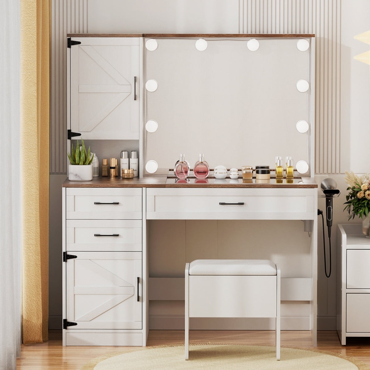 VOWNER Makeup Vanity Table Set With Outlet, Farmhouse Vanity Desk With Glass Table Top And Large Lighted Mirror, 3 Color Light & Adjustable Brightness, Come With Stool, For Bedroom