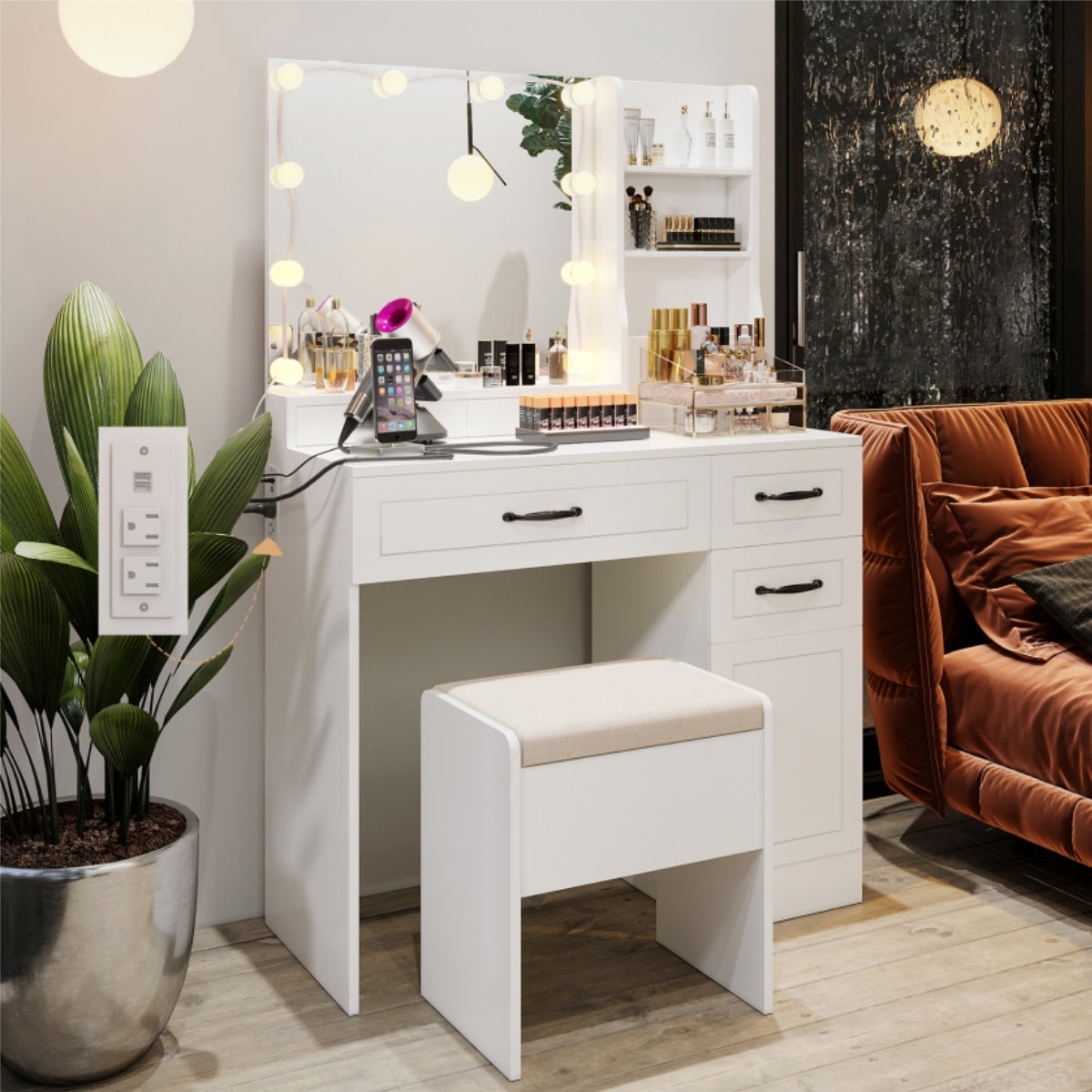 VOWNER Makeup Vanity Desk With Storage Stool & Power Outlet, Vanity set With Lighted Mirror & 3 Color Lights, For Girls Women