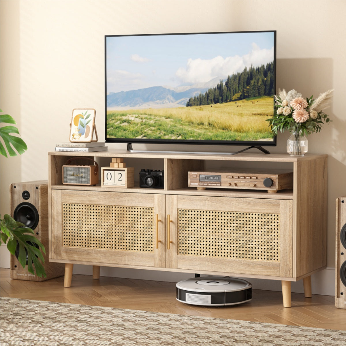 VOWNER TV Stand For 55" TV With Rattan Door, Television Stand With 2 Open Shelves & Adjustable Dividers, TV & Media Console Table, Entertainment Center For Living Room