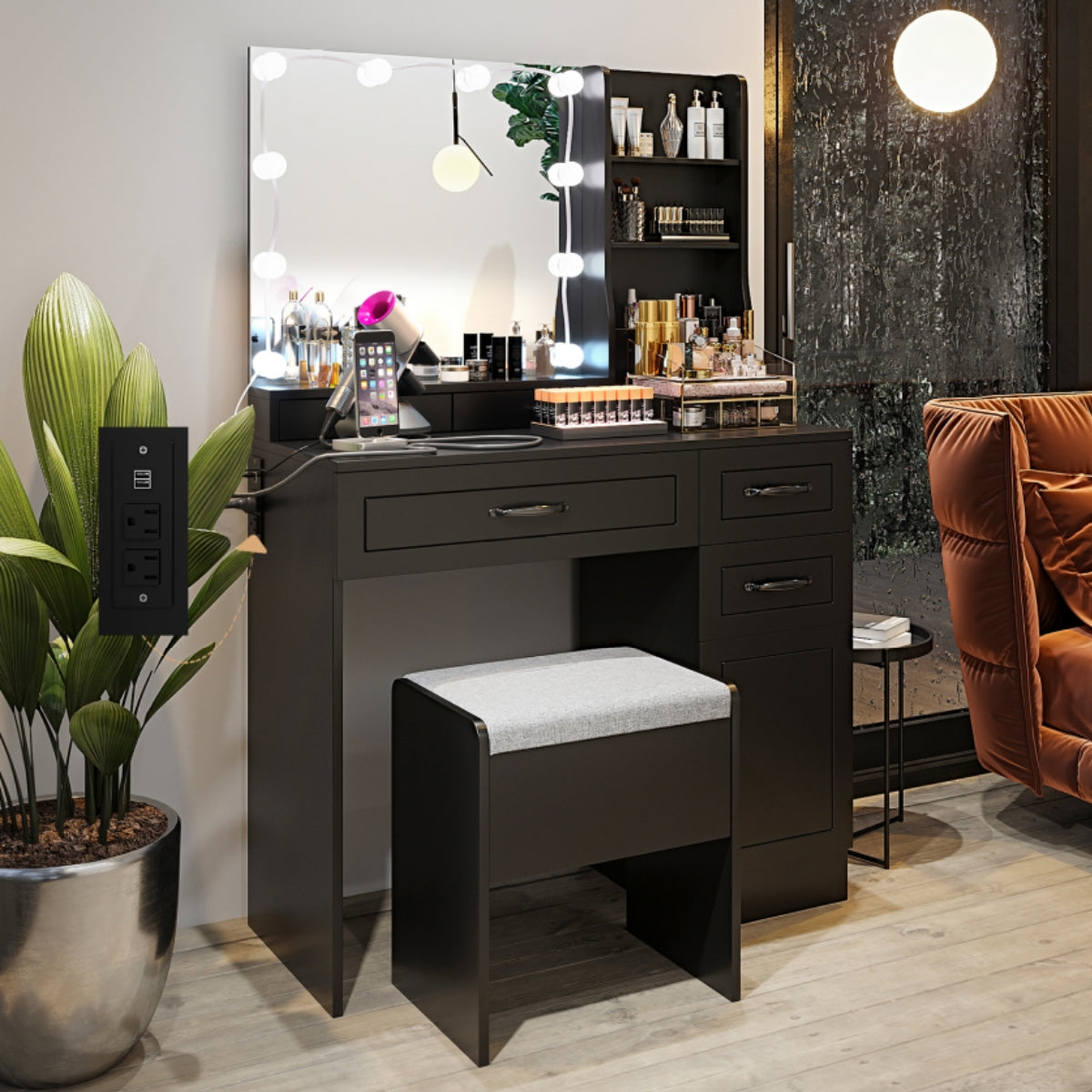 VOWNER Makeup Vanity Desk With Storage Stool & Power Outlet, Vanity set With Lighted Mirror & 3 Color Lights, For Girls Women