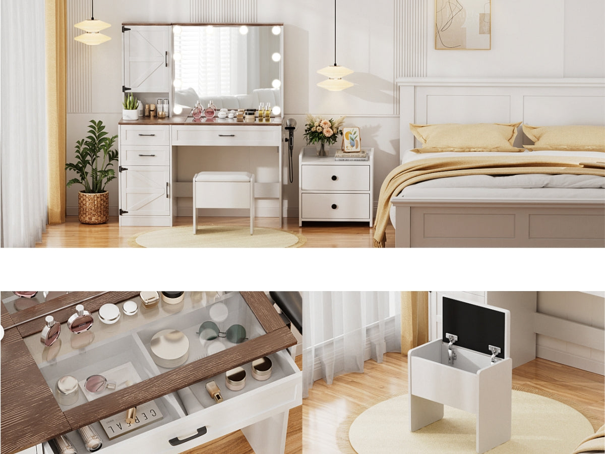 VOWNER Makeup Vanity Table Set With Outlet, Farmhouse Vanity Desk With Glass Table Top And Large Lighted Mirror, 3 Color Light & Adjustable Brightness, Come With Stool, For Bedroom