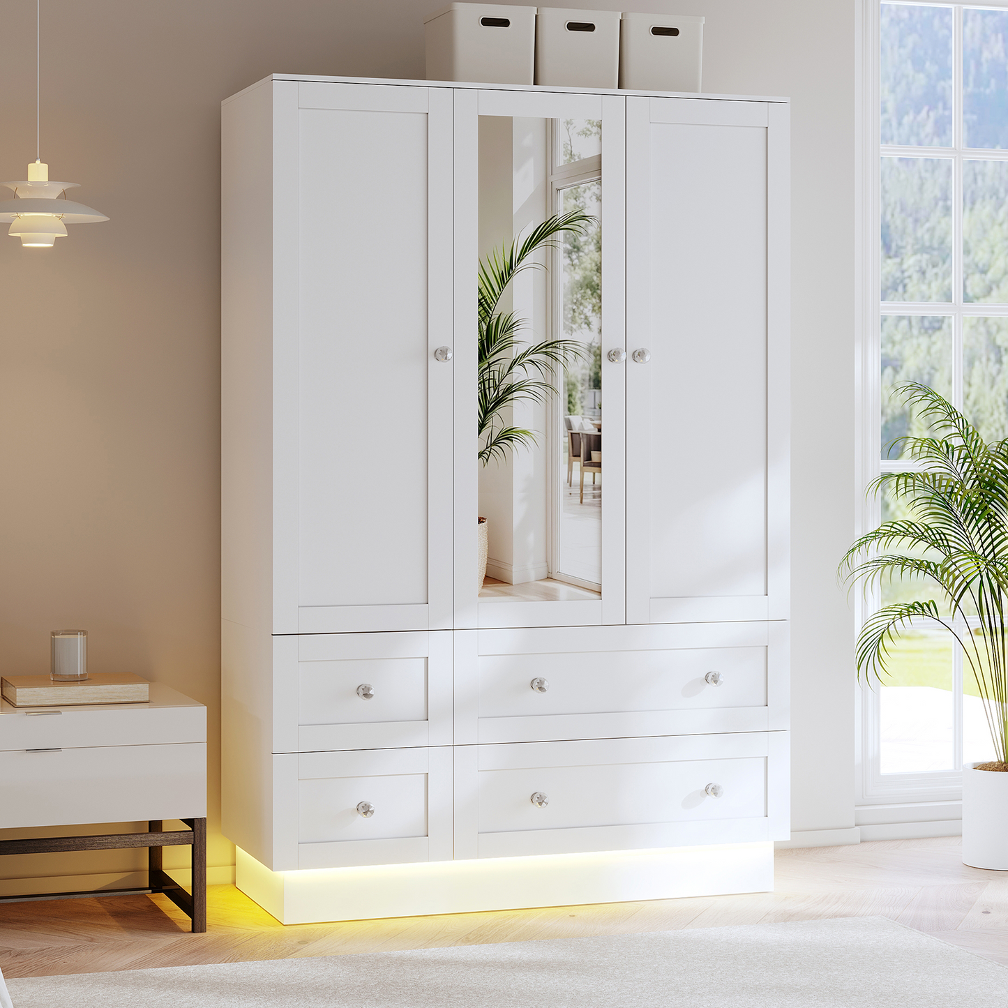 47" L Wardrobe Closet with 3 Doors, Bedroom Armoire with Mirror, LED Light, 4 Drawers and Hanging Rod, Large Capacity Storage Closet for Bedroom, White