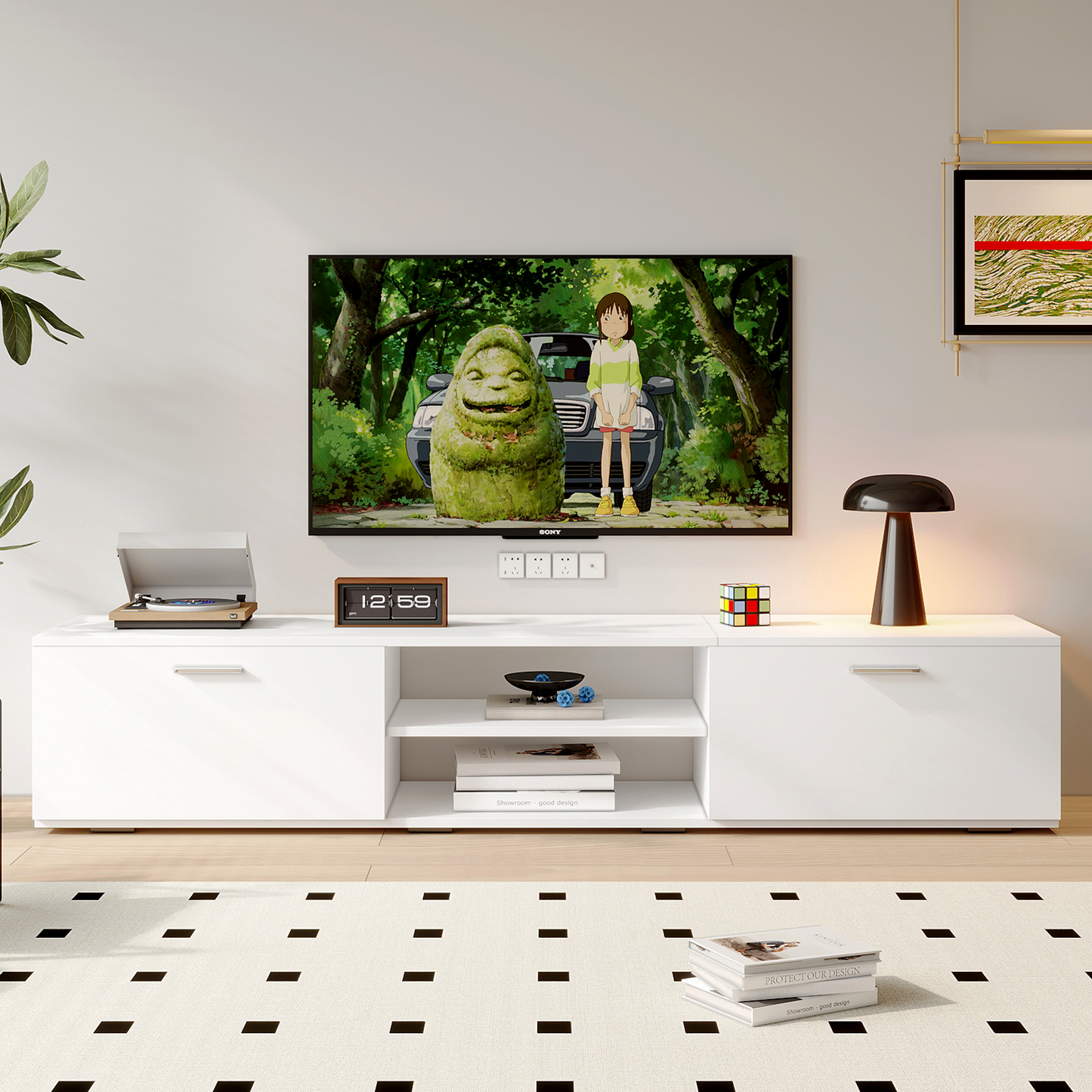 VOWNER Modern TV Stand with Storage Cabinets, for 50/55/65 Inch TVs, Media Cabinet for Living Room Bedroom, Entertainment Center, TV Cabinet & Coffee Table for Home Decor (White)