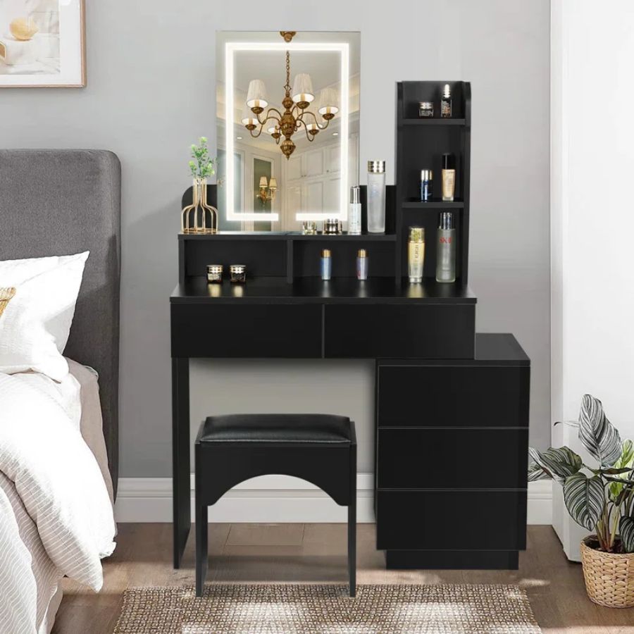 VOWNER Makeup Vanity Desk Set With LED Lighted Mirror, Drawers, Shelves And Stool, Lighting Color & Brightness Adjustable, For Girls Women