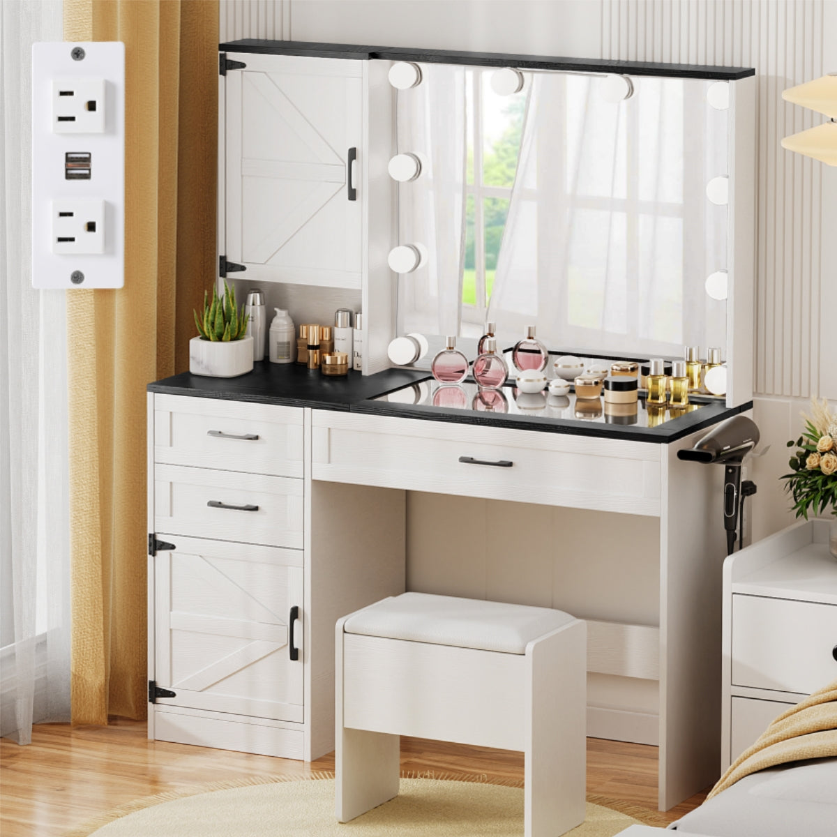 VOWNER Makeup Vanity Table Set With Outlet, Farmhouse Vanity Desk With Glass Table Top And Large Lighted Mirror, 3 Color Light & Adjustable Brightness, Come With Stool, For Bedroom