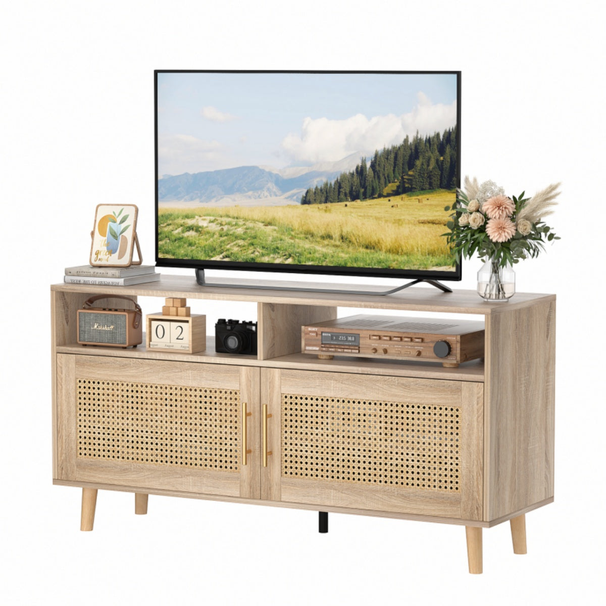 VOWNER TV Stand For 55" TV With Rattan Door, Television Stand With 2 Open Shelves & Adjustable Dividers, TV & Media Console Table, Entertainment Center For Living Room