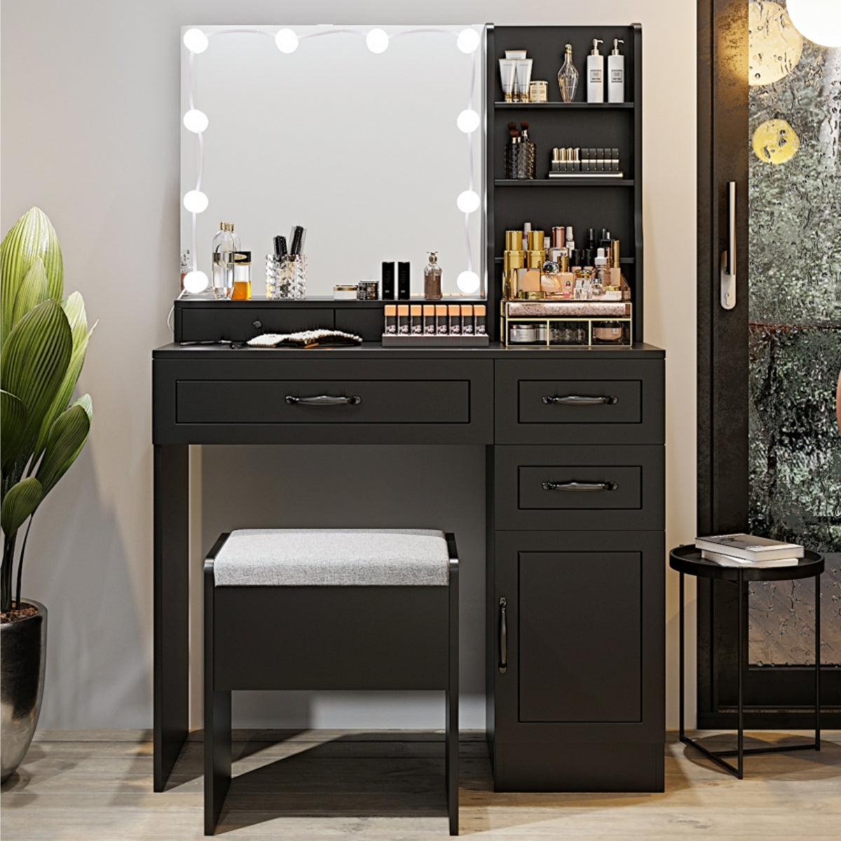 VOWNER Makeup Vanity Desk With Storage Stool & Power Outlet, Vanity set With Lighted Mirror & 3 Color Lights, For Girls Women